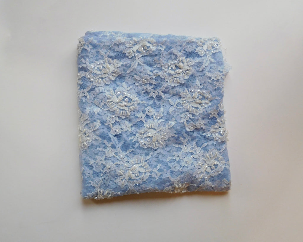 Hand-dyed Beaded Lace, Blue, (140cmx50cm) Designer Offcuts