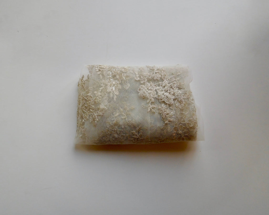 Embroidered Beaded Lace, White/Gold, (140cmx35cm) Designer Offcuts