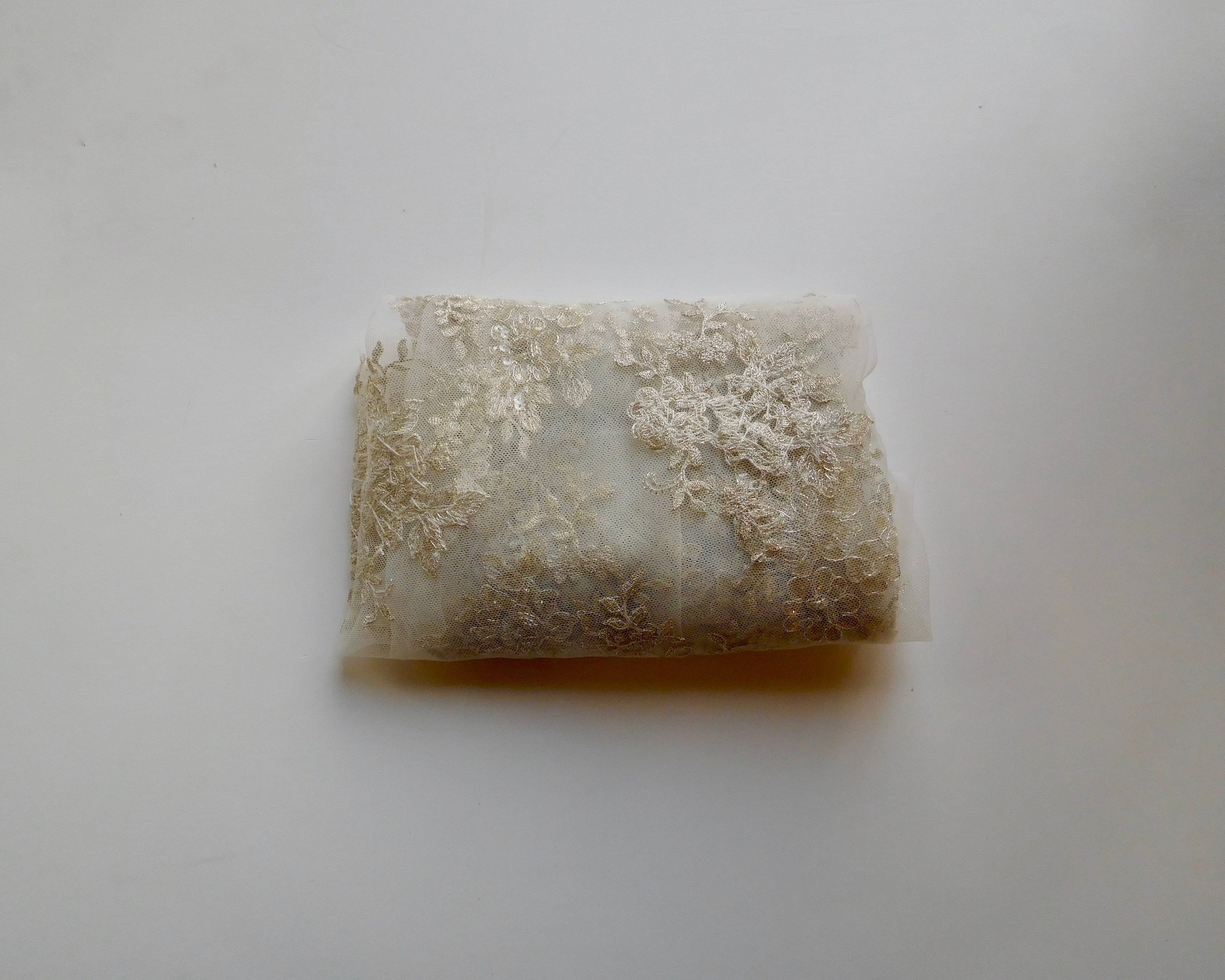 Embroidered Beaded Lace, White/Gold, (140cmx35cm) Designer Offcuts