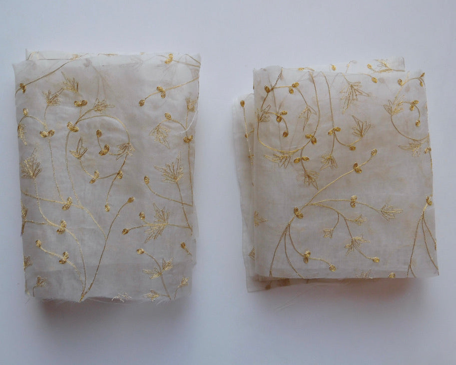 Embroidered Organza, White with Gold Thread, Bundle of 2
