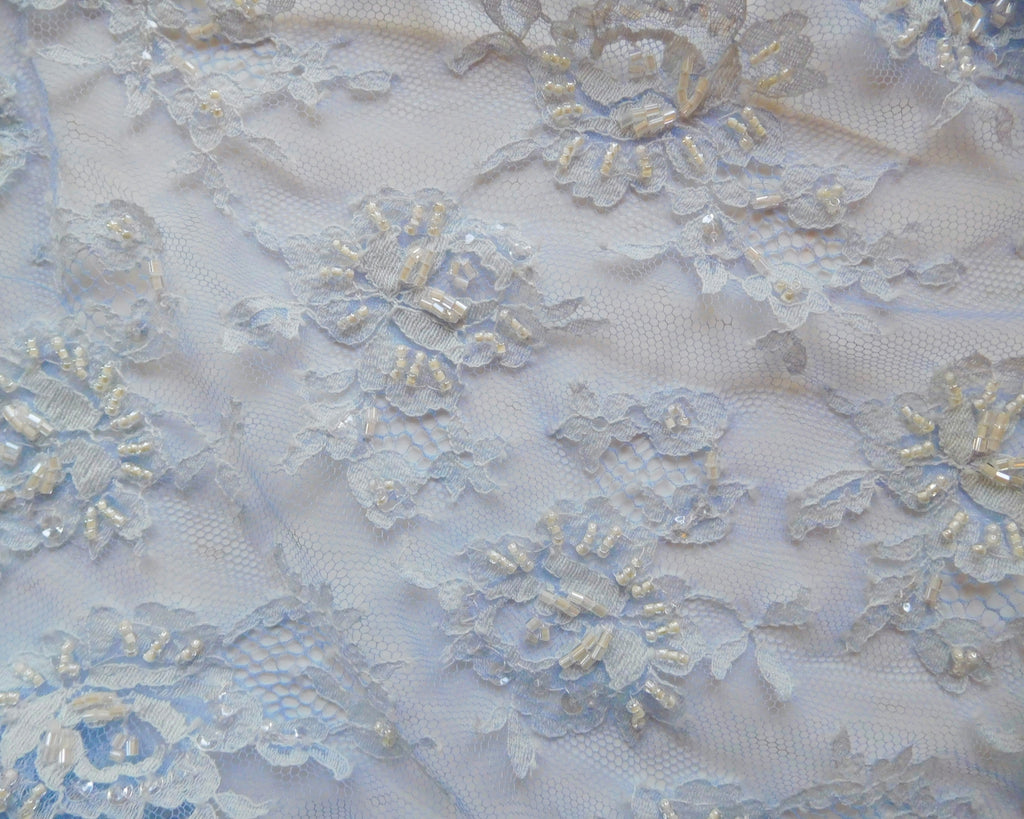 Hand-dyed Beaded Lace, Blue, (140cmx50cm) Designer Offcuts