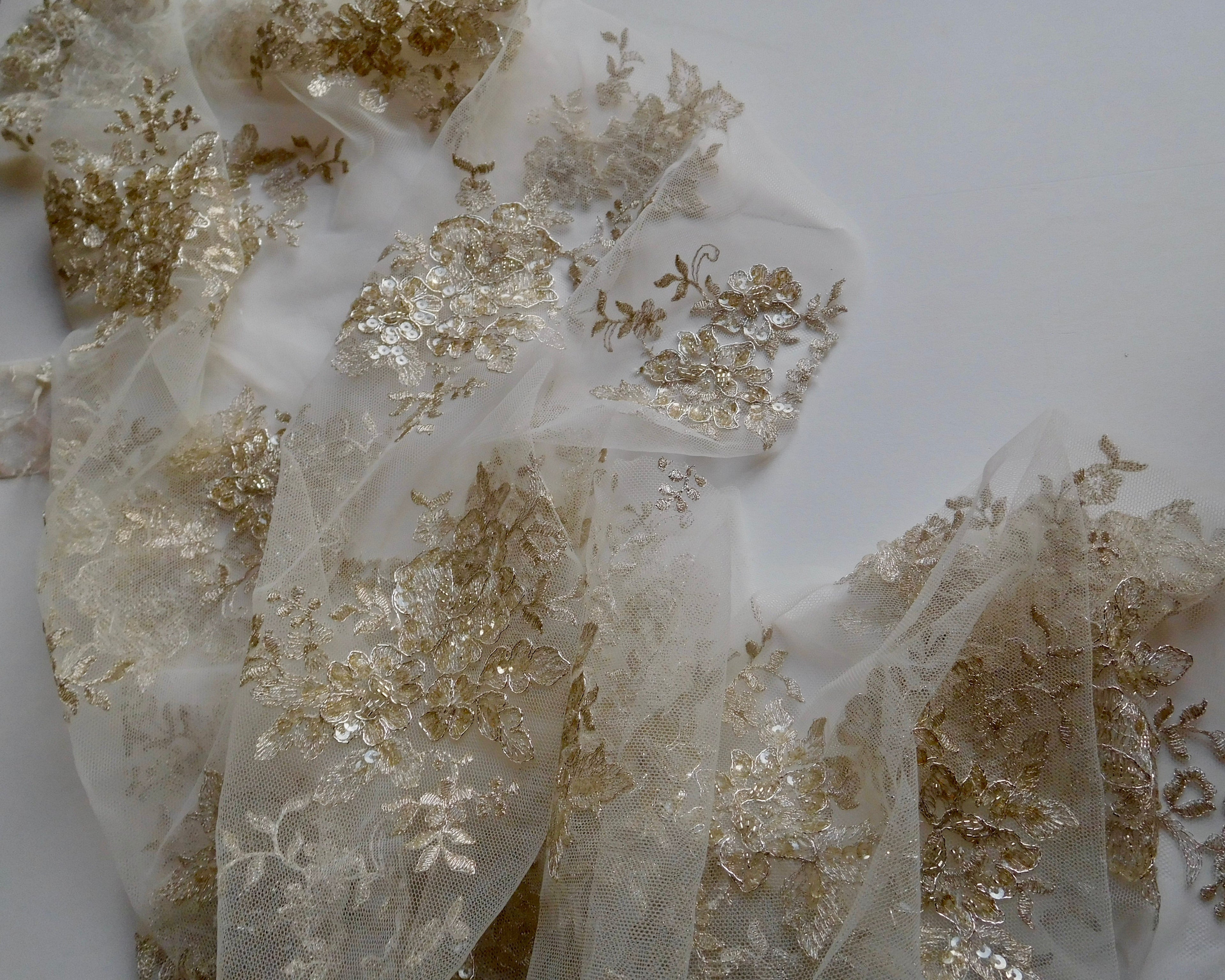 Embroidered Beaded Lace, White/Gold, (140cmx35cm) Designer Offcuts