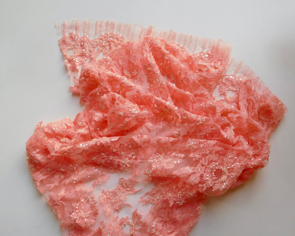 Hand-dyed Beaded Lace with Trim, Peach Pink, (85cmx50cm) Designer Offcuts