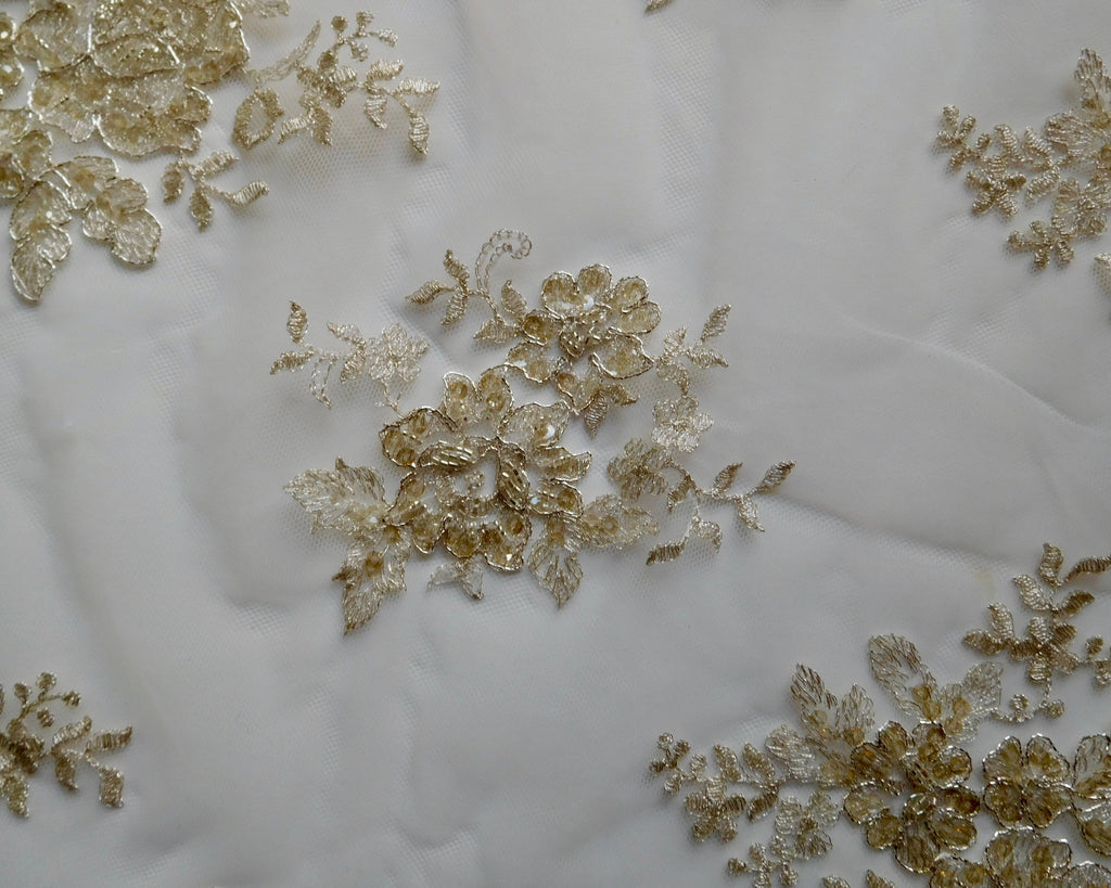 Embroidered Beaded Lace, White/Gold, (140cmx35cm) Designer Offcuts