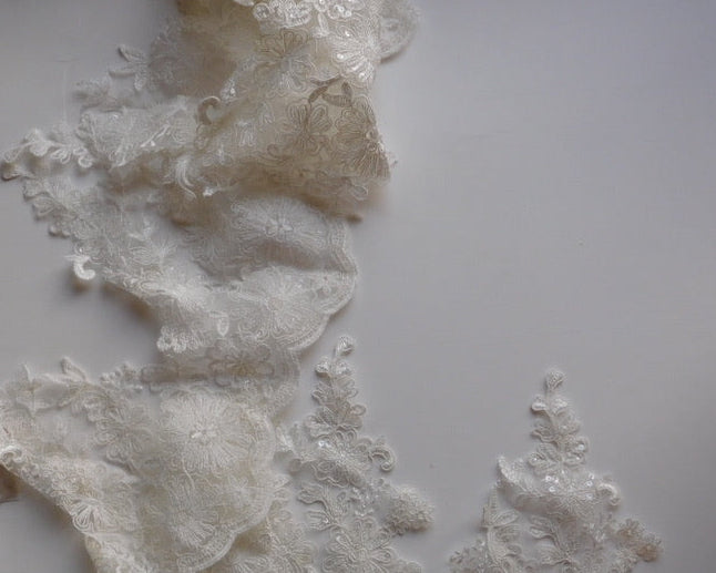 Beaded and Sequined White Appliqué Trim, (+1 Metre trim pieces) Designer Offcuts