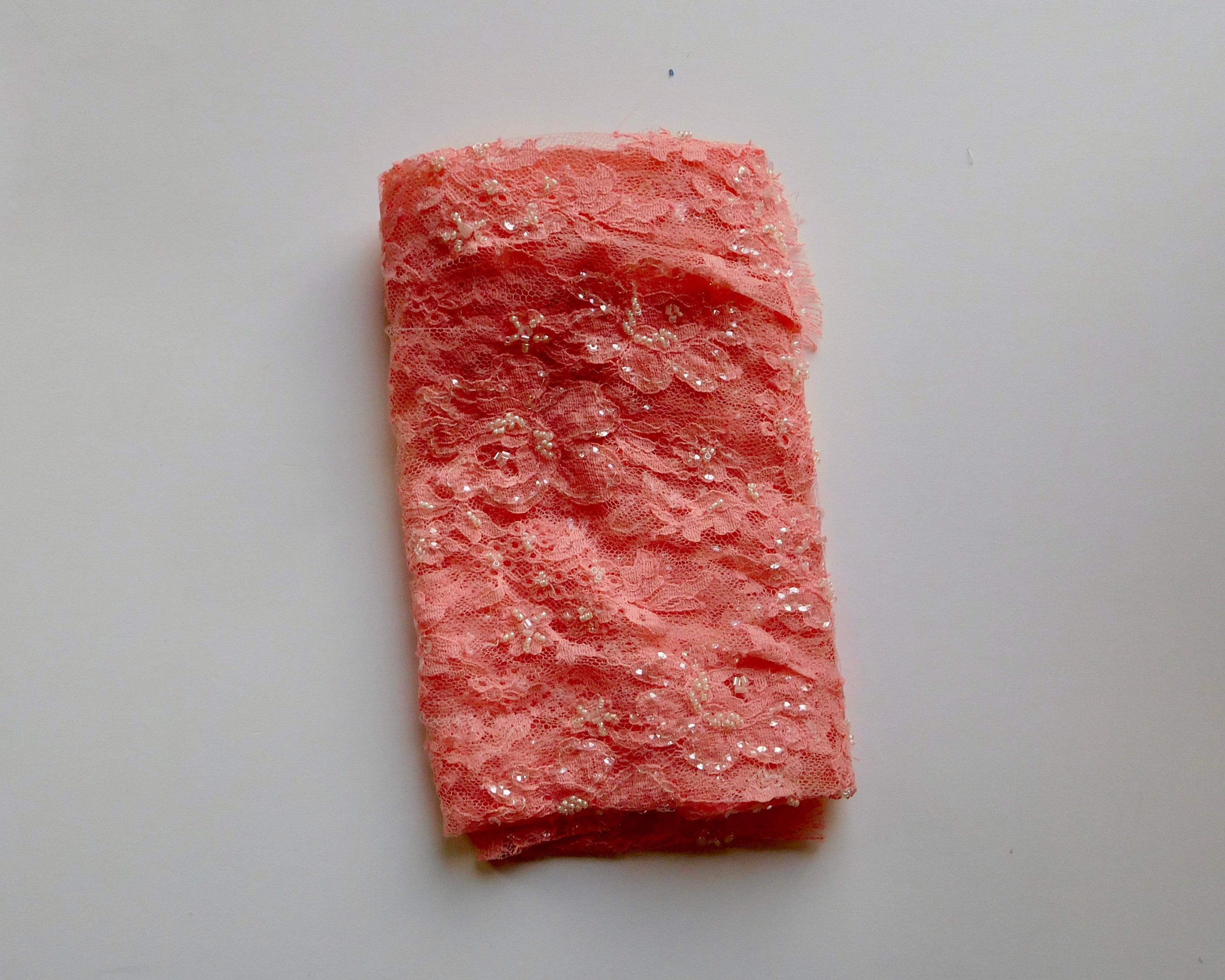 Hand-dyed Beaded Lace with Trim, Peach Pink, (85cmx50cm) Designer Offcuts