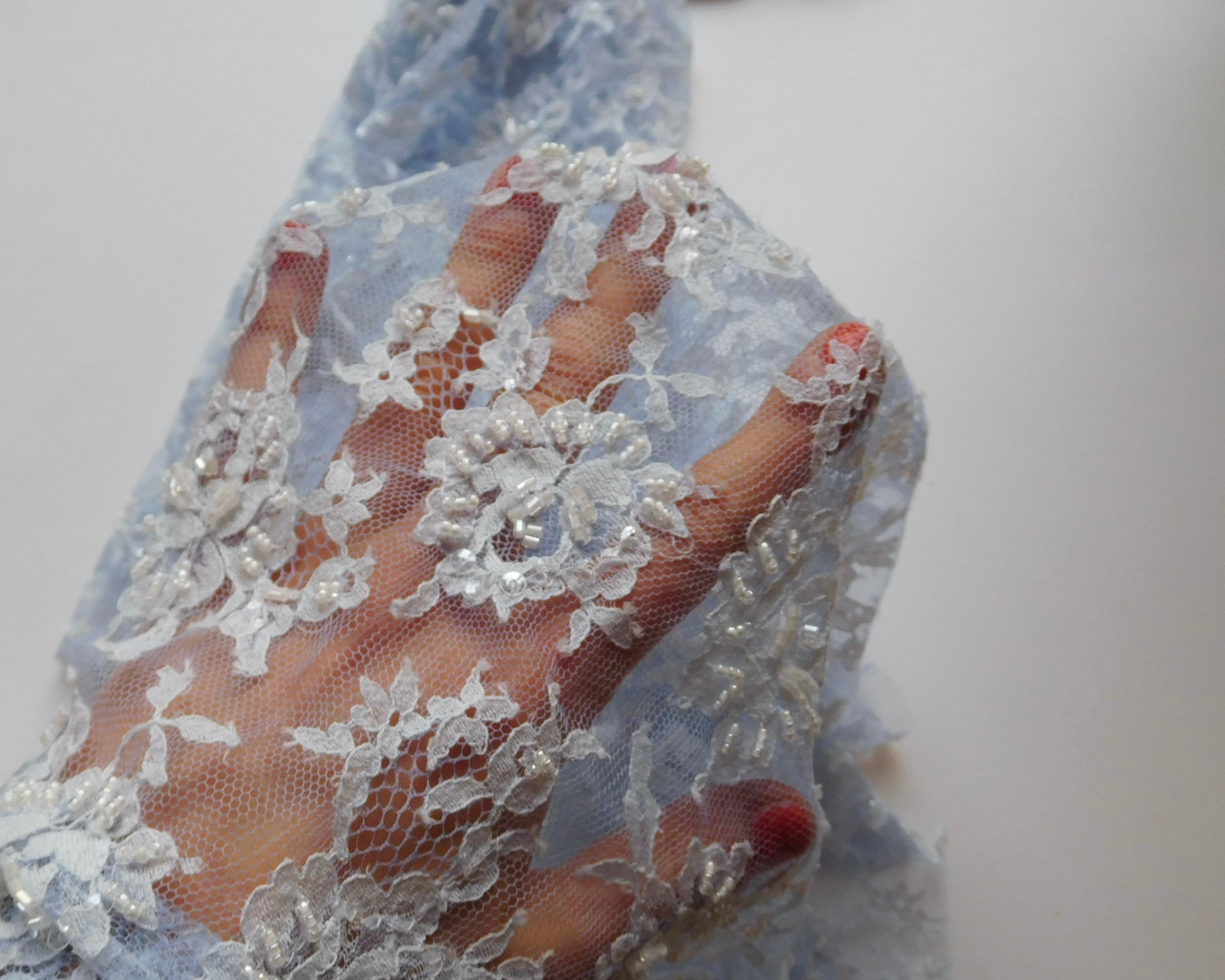 Hand-dyed Beaded Lace, Blue, (140cmx50cm) Designer Offcuts