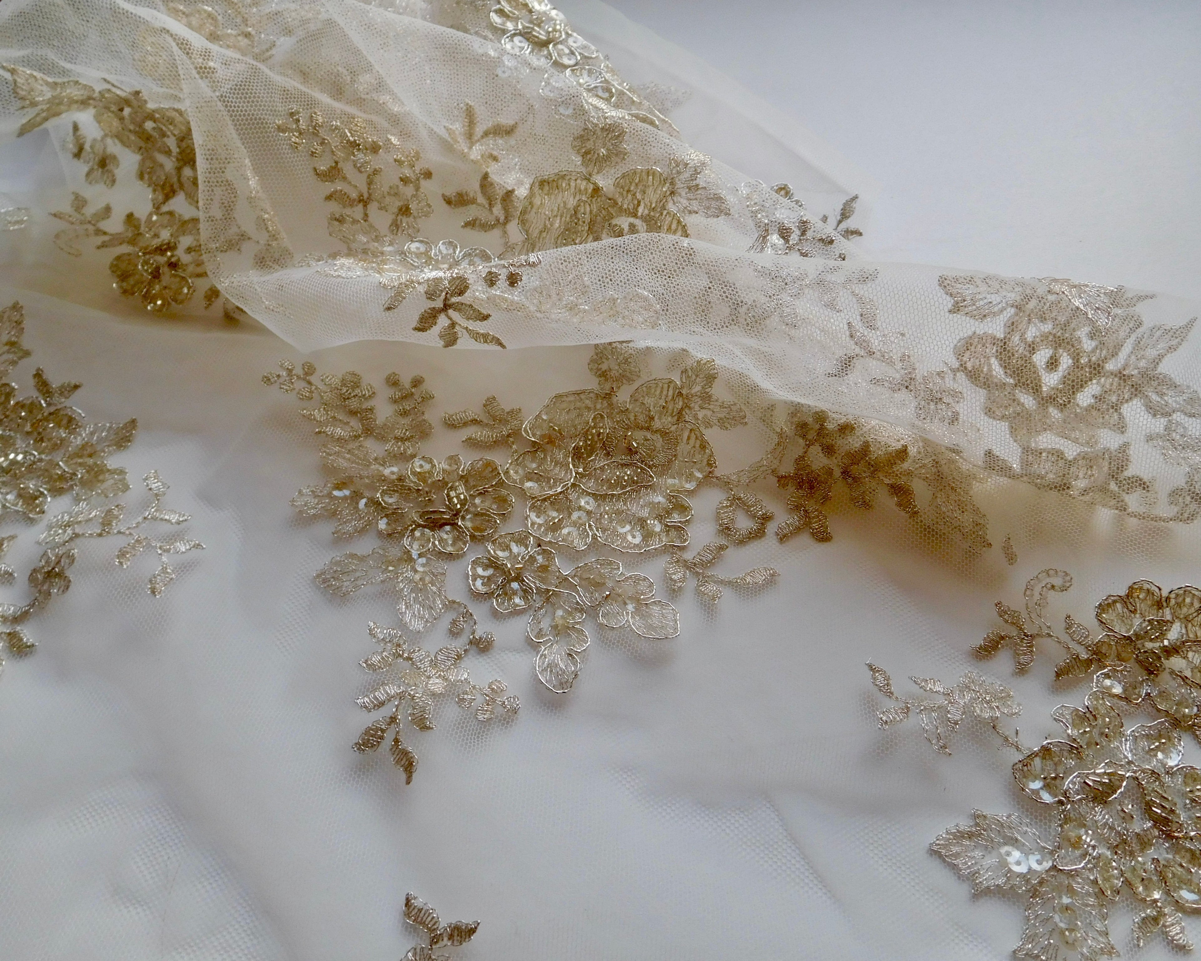 Embroidered Beaded Lace, White/Gold, (140cmx35cm) Designer Offcuts