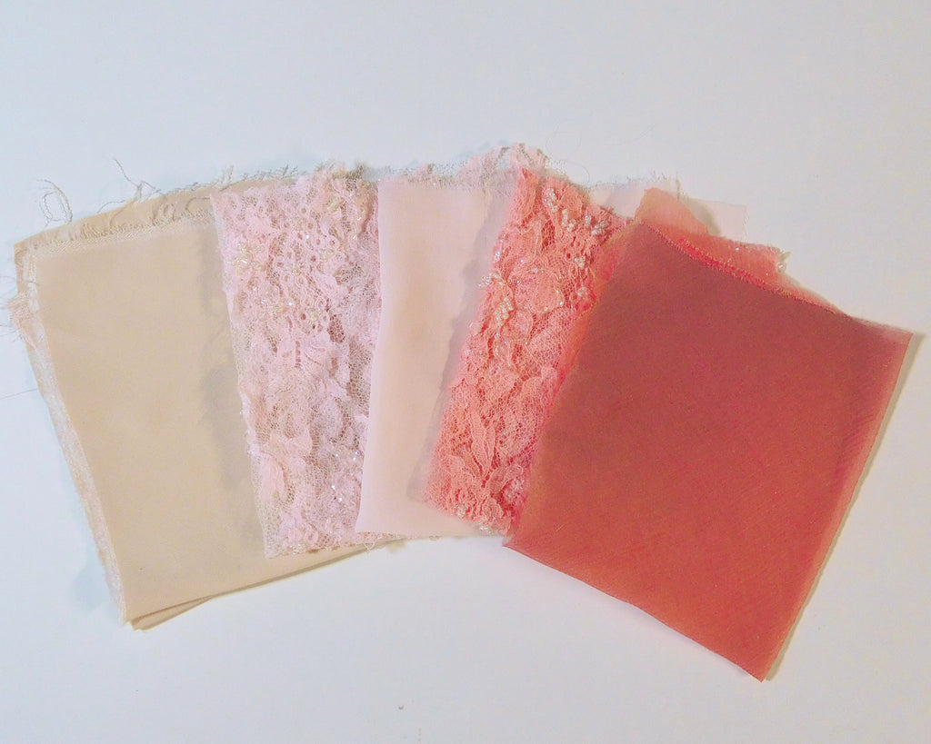 Beaded Lace, Chiffon, and Sandwashed Silk, Pink Hues, 5 Fat Quarters