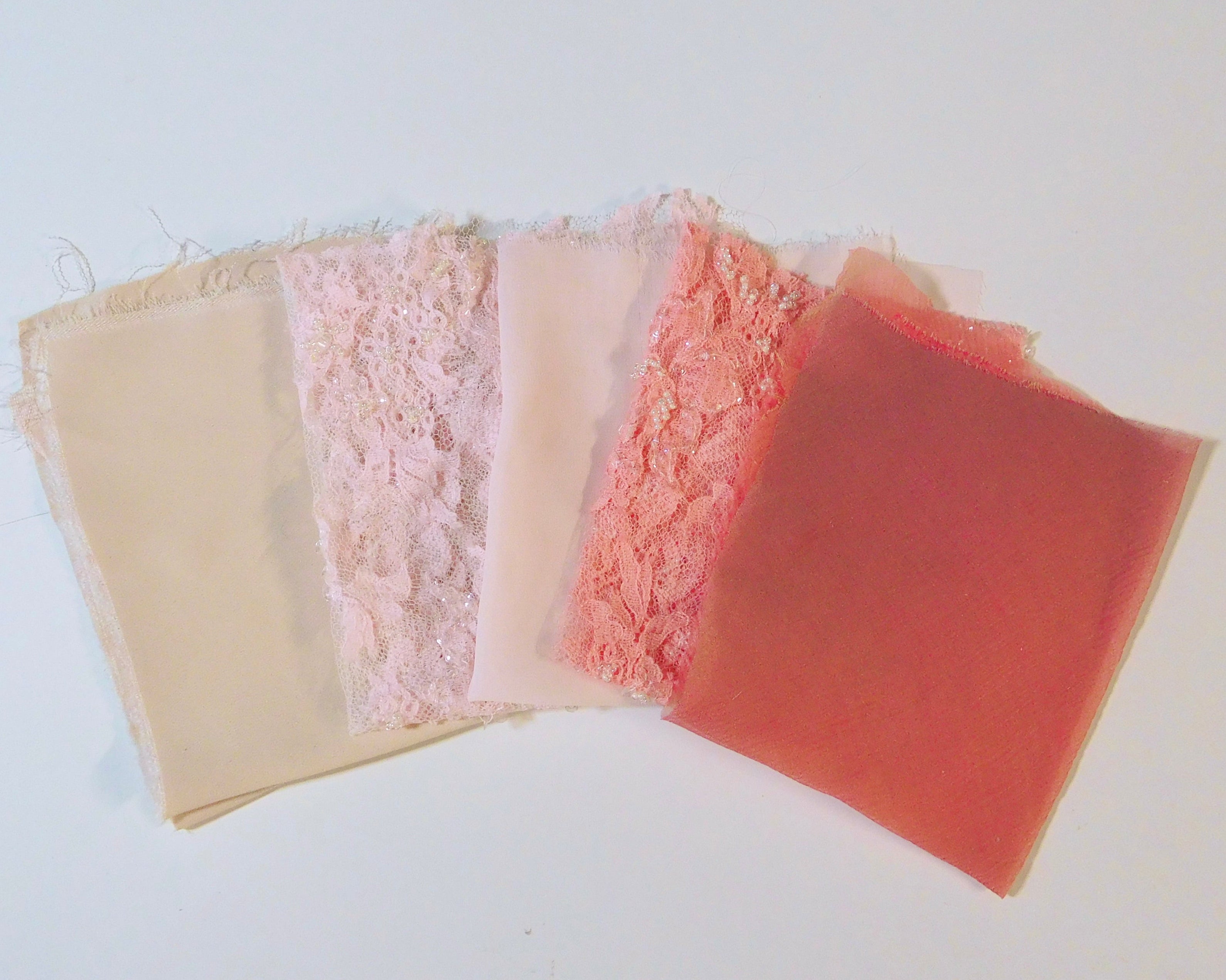 Beaded Lace, Chiffon, and Sandwashed Silk, Pink Hues, 5 Fat Quarters