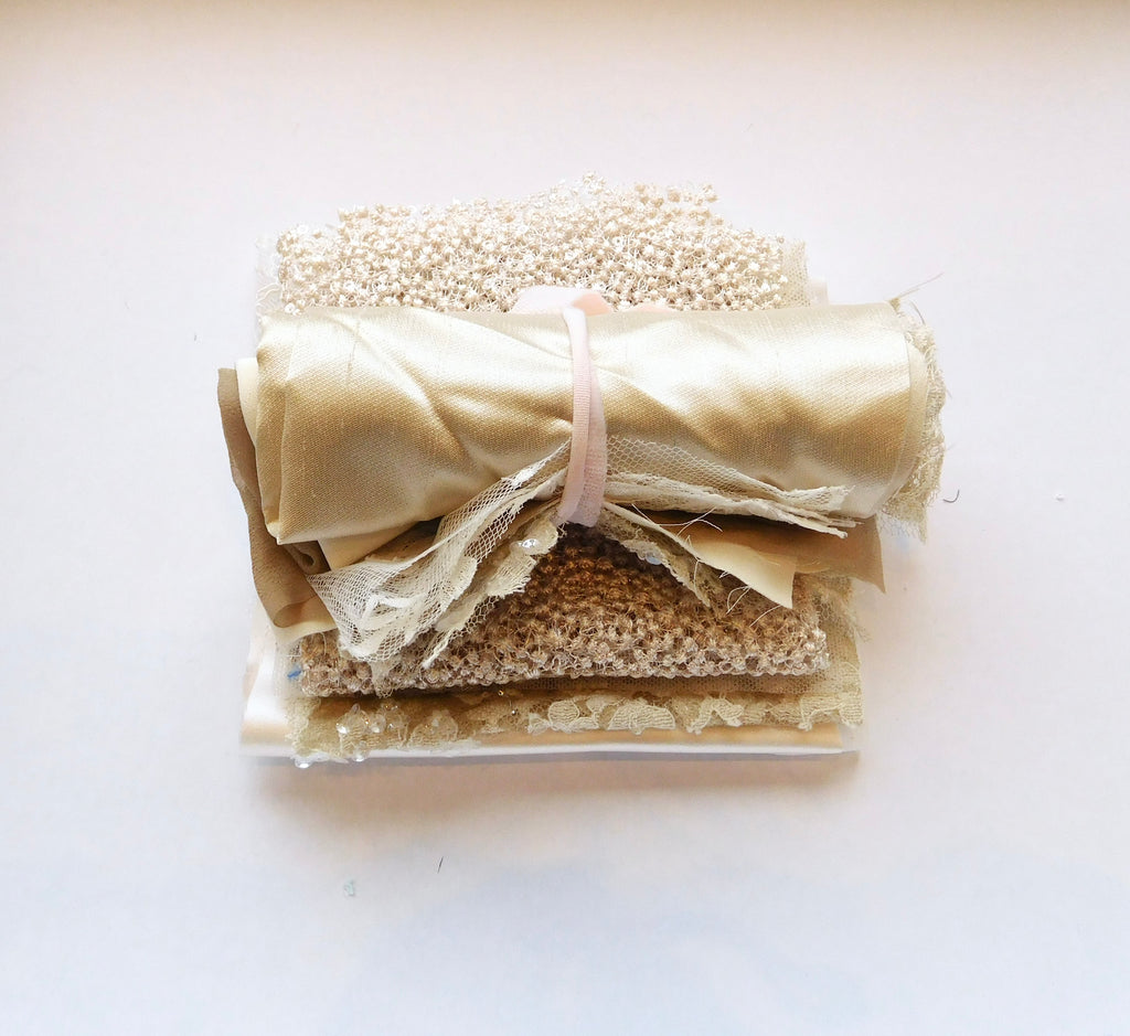 Beaded Lace, French Knot, Chiffon, White/Gold Hues, 5 Fat Quarters