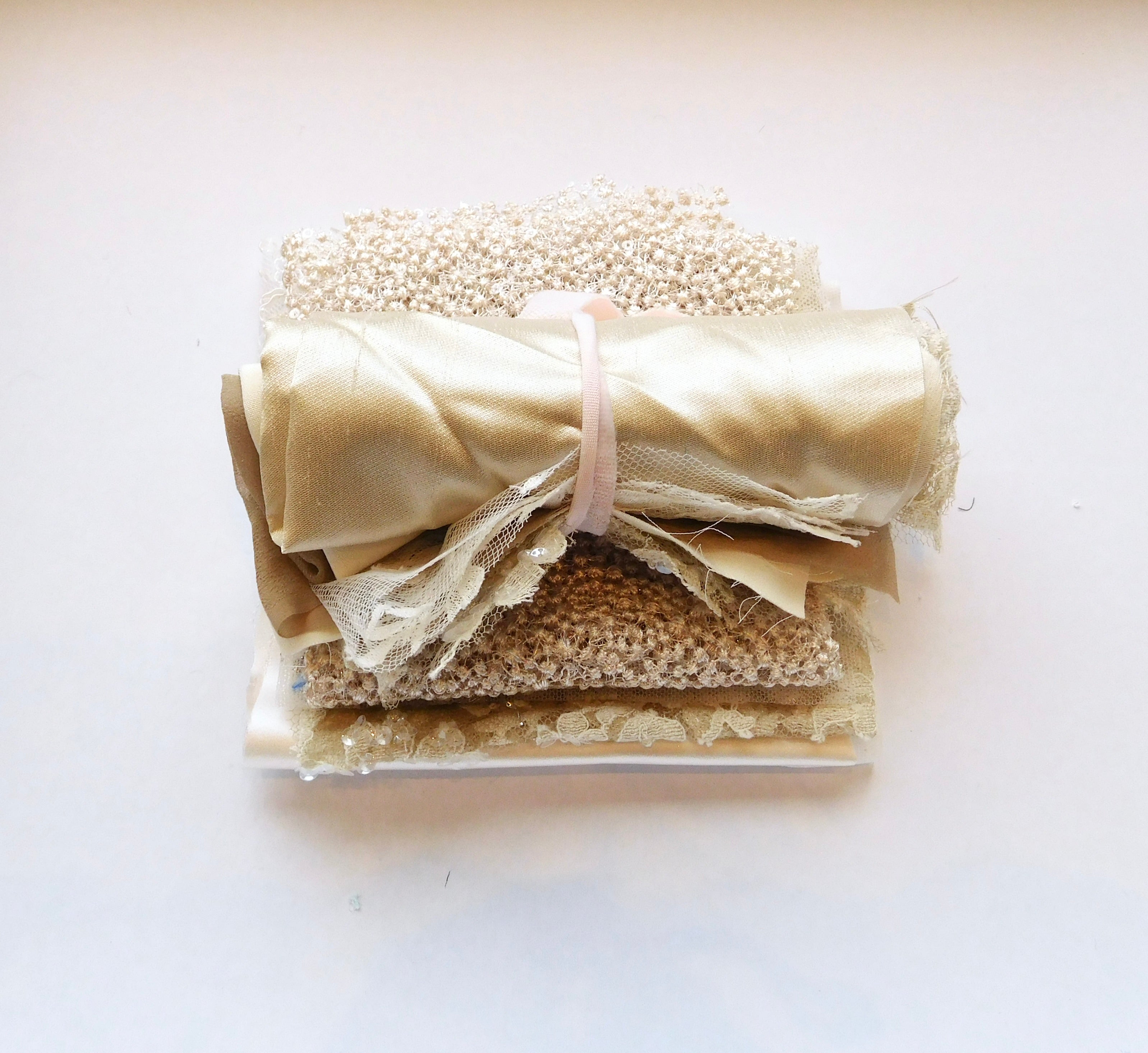 Beaded Lace, French Knot, Chiffon, White/Gold Hues, 5 Fat Quarters