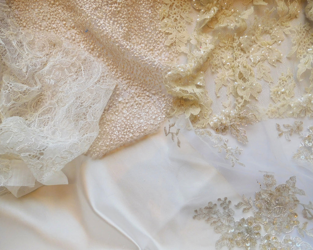 Beaded Lace, French Knot, Chiffon, White/Gold Hues, 5 Fat Quarters