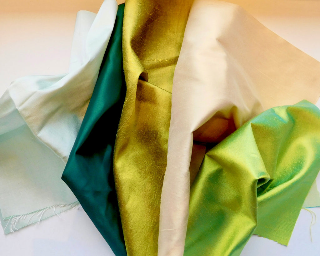 Taffeta and Dupion Fabric, Green/Tan Hues, 5 Fat Quarters