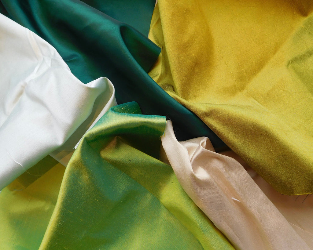 Taffeta and Dupion Fabric, Green/Tan Hues, 5 Fat Quarters