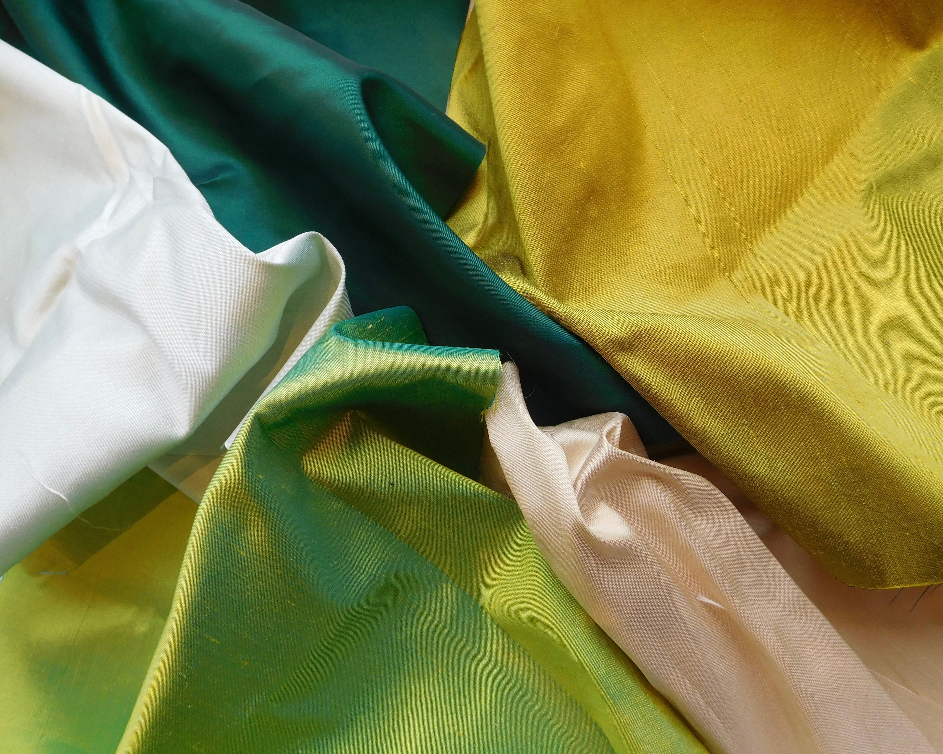 Taffeta and Dupion Fabric, Green/Tan Hues, 5 Fat Quarters