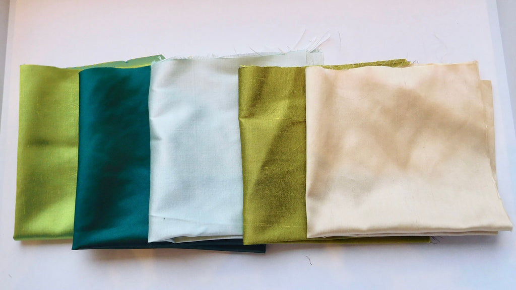 Taffeta and Dupion Fabric, Green/Tan Hues, 5 Fat Quarters