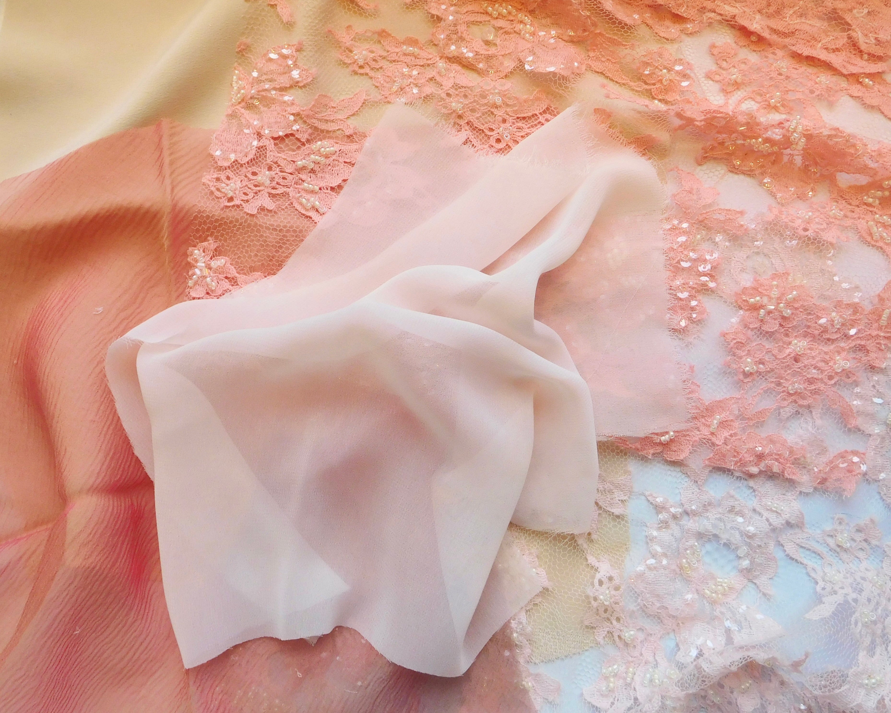 Beaded Lace, Chiffon, and Sandwashed Silk, Pink Hues, 5 Fat Quarters