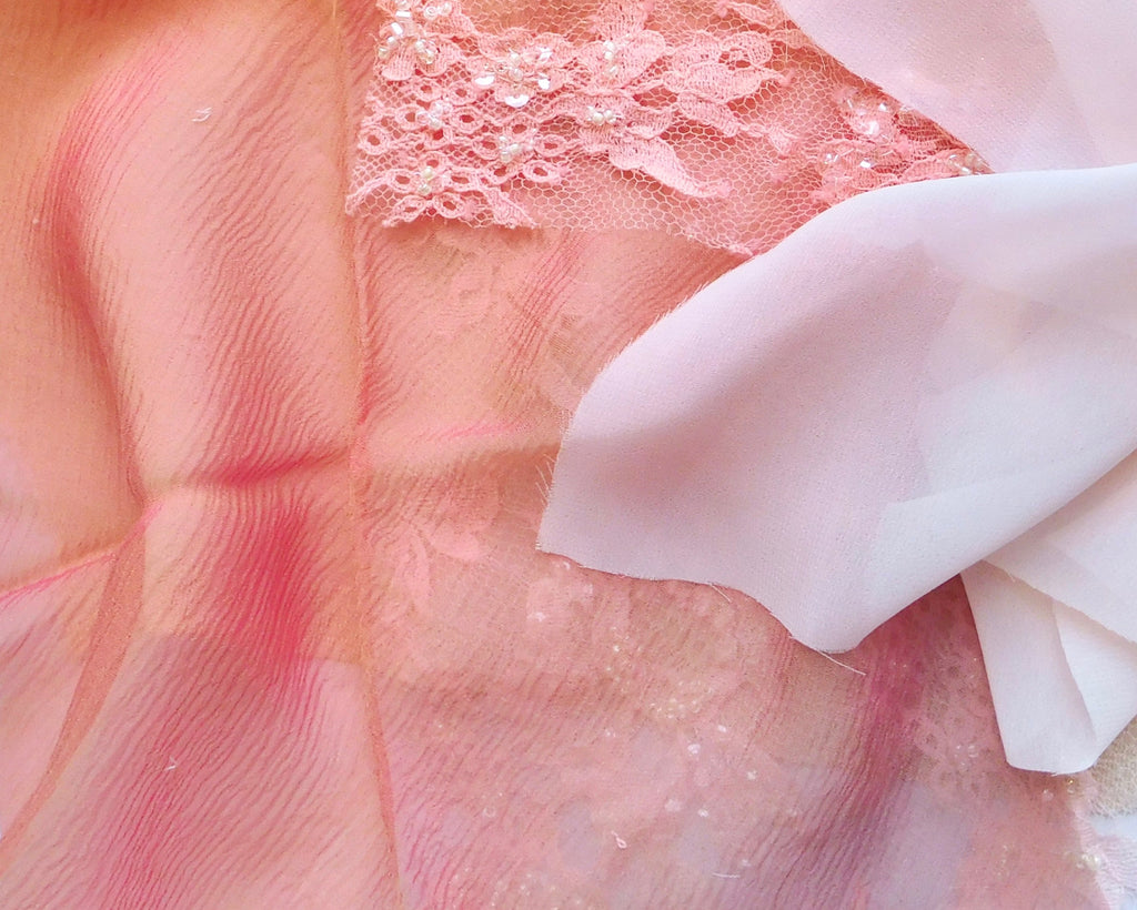 Beaded Lace, Chiffon, and Sandwashed Silk, Pink Hues, 5 Fat Quarters