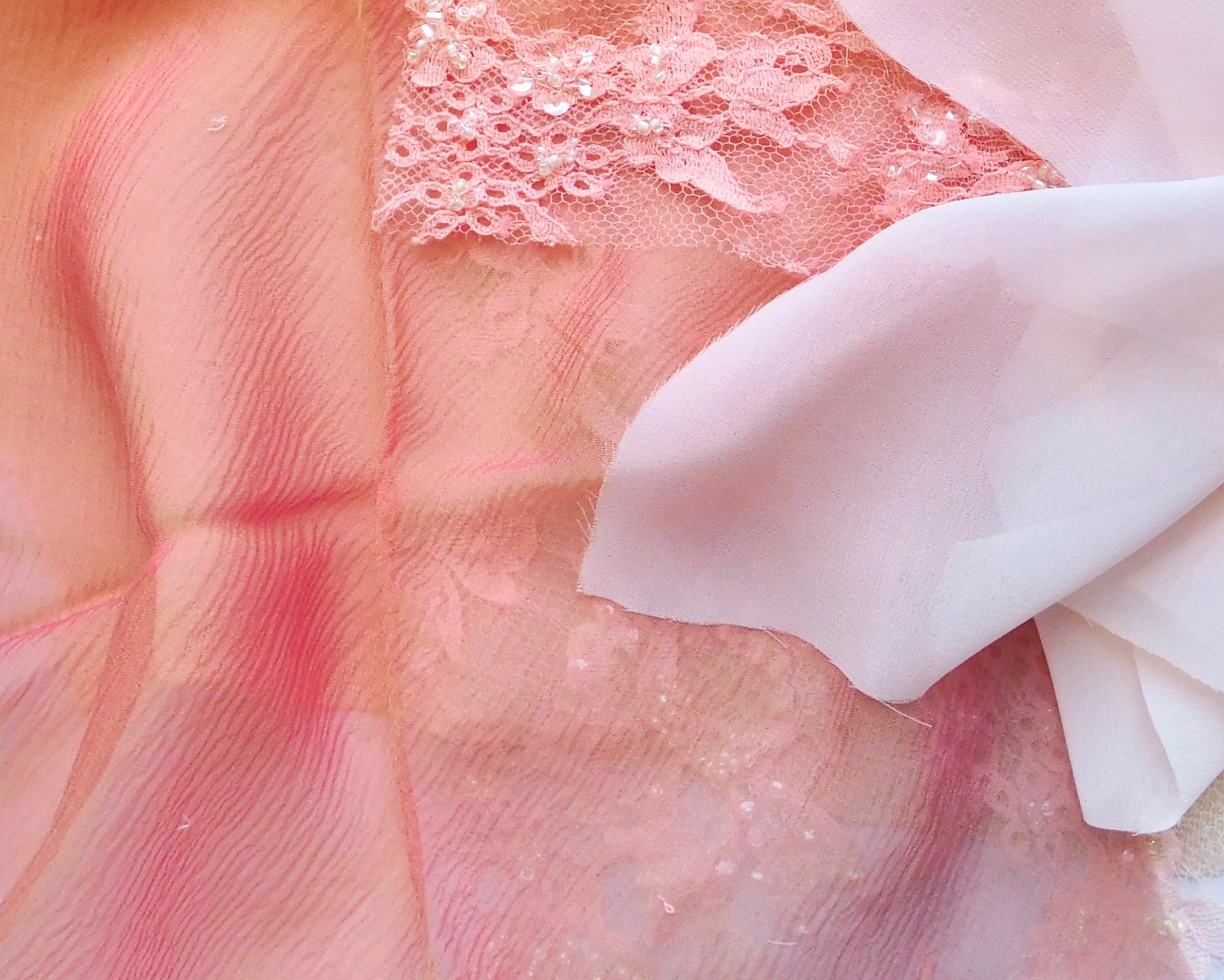 Beaded Lace, Chiffon, and Sandwashed Silk, Pink Hues, 5 Fat Quarters