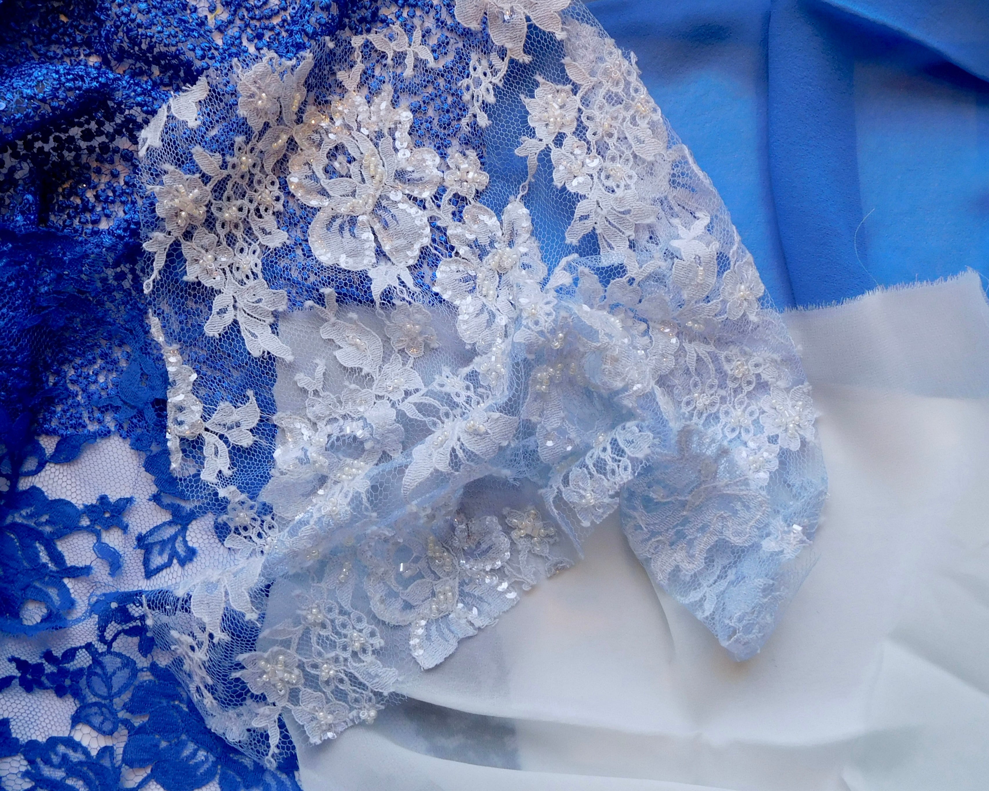 Beaded Lace, French Knot, Chiffon, Blue Hues, 5 Fat Quarters