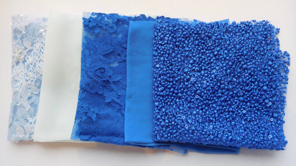 Beaded Lace, French Knot, Chiffon, Blue Hues, 5 Fat Quarters