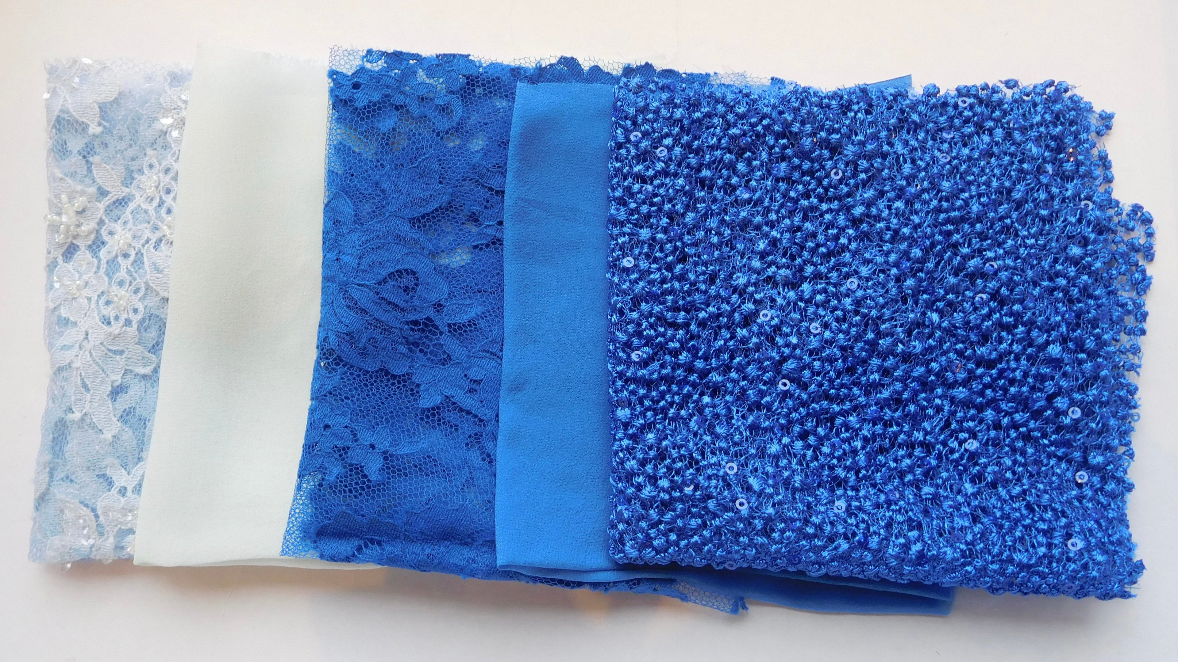 Beaded Lace, French Knot, Chiffon, Blue Hues, 5 Fat Quarters