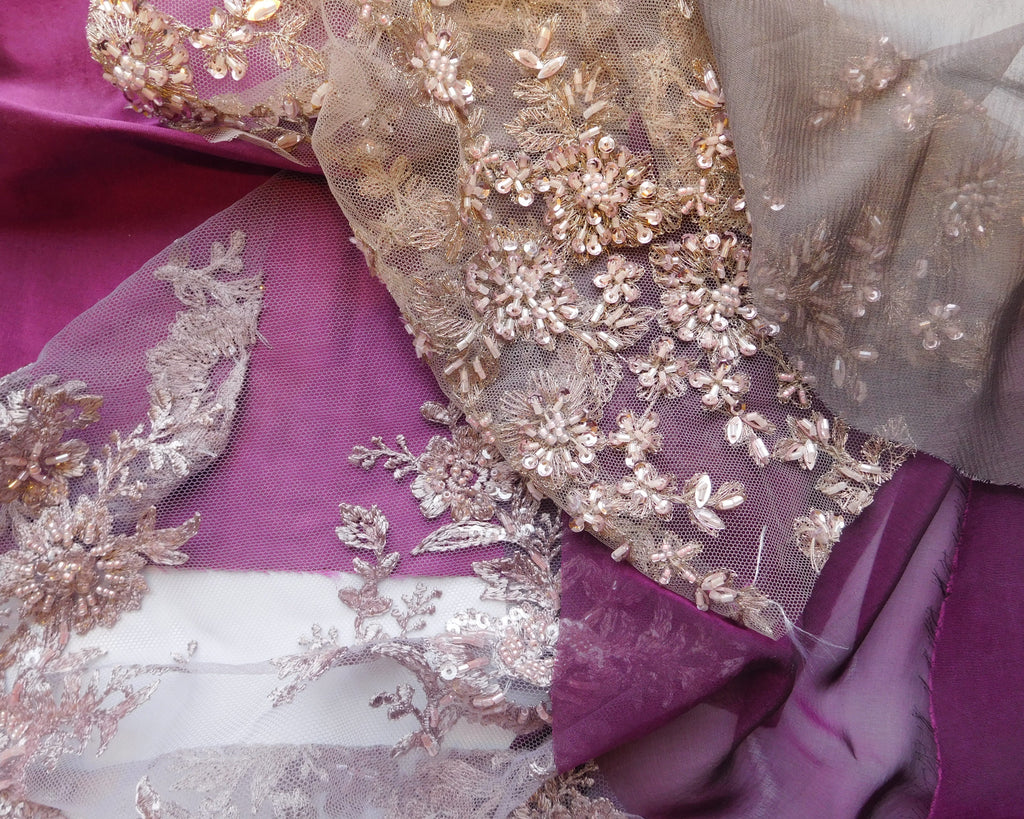 Beaded Lace, Chiffon, Taffeta Fabric, 5 Fat Quarters, Purple Hues