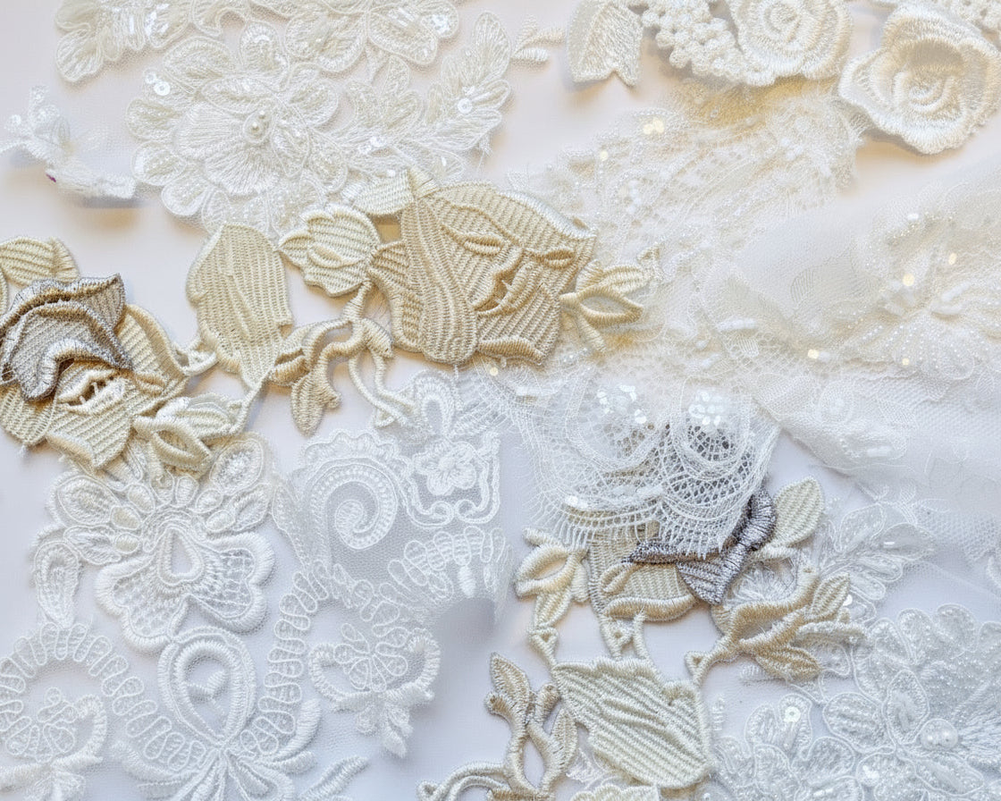 Beaded Lace Appliqué, 8 Pieces, Whites/Golds