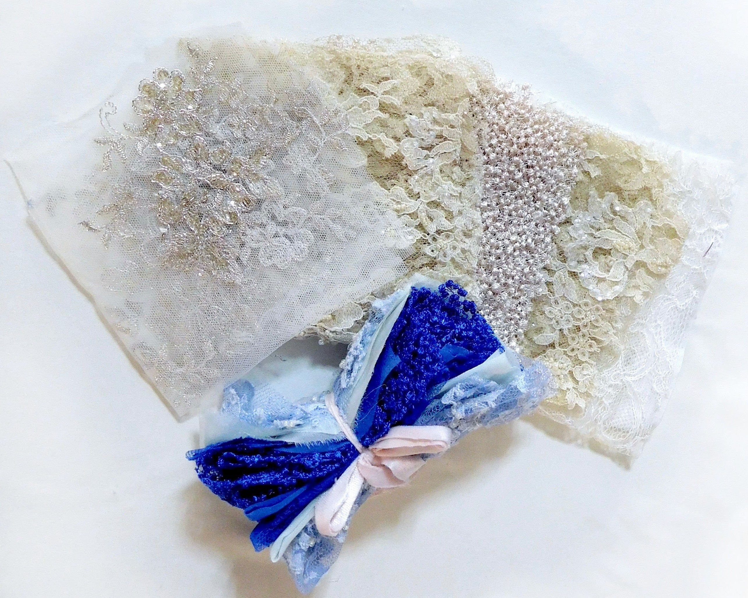 Beaded Lace, French Knot, Chiffon, Blue Hues, 5 Fat Quarters