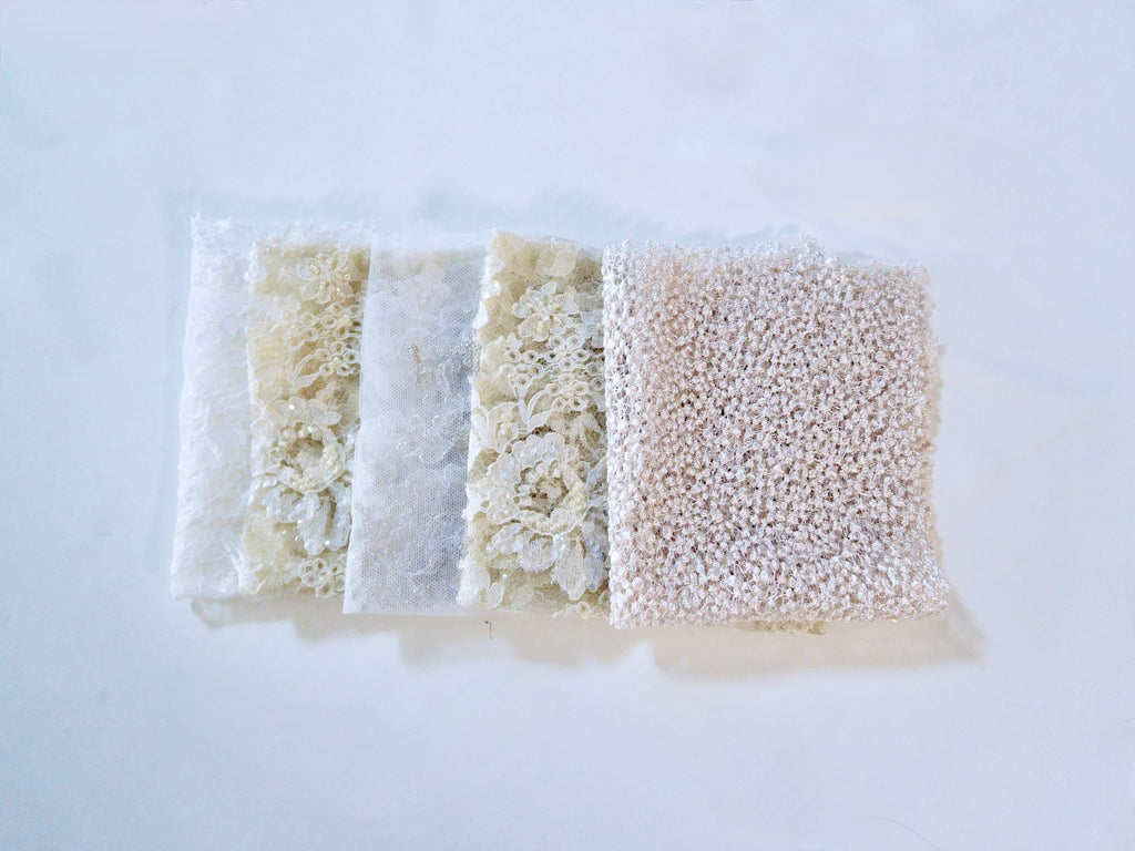 Beaded Lace, French Knot, Chiffon, White/Gold Hues, 5 Fat Quarters