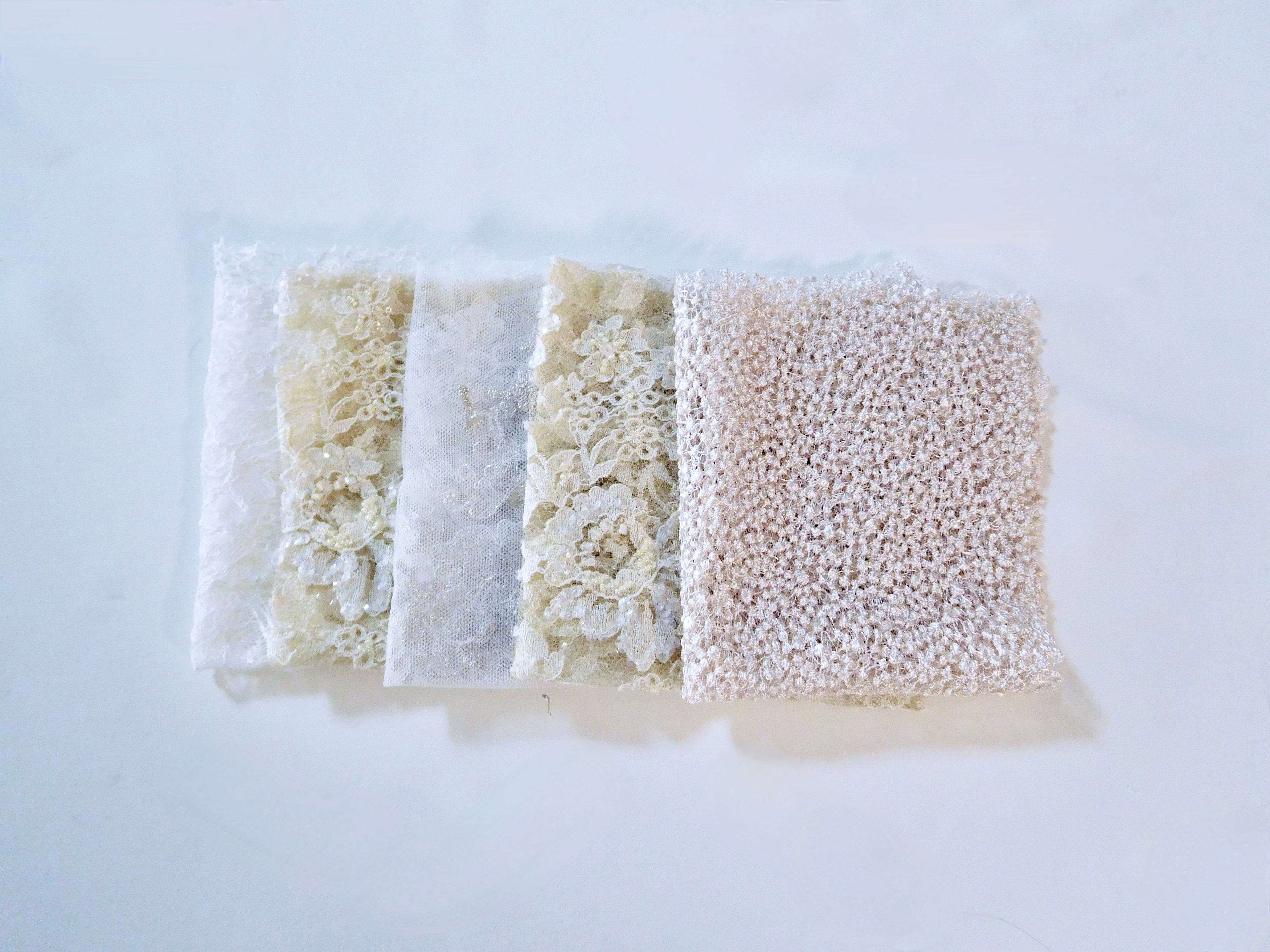 Beaded Lace, French Knot, Chiffon, White/Gold Hues, 5 Fat Quarters