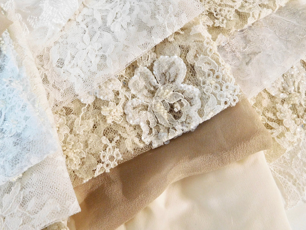 Beaded Lace, French Knot, Chiffon, White/Gold Hues, 5 Fat Quarters