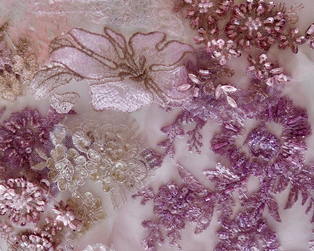 Beaded Lace Appliqué, 15 Pieces, Purple/Pink
