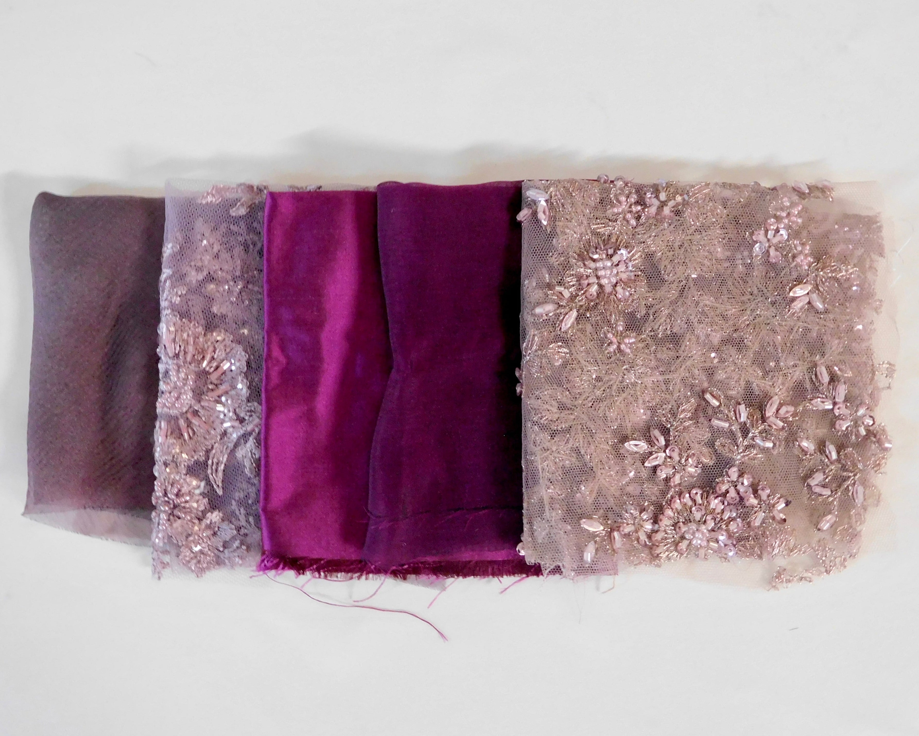 Beaded Lace, Chiffon, Taffeta Fabric, 5 Fat Quarters, Purple Hues