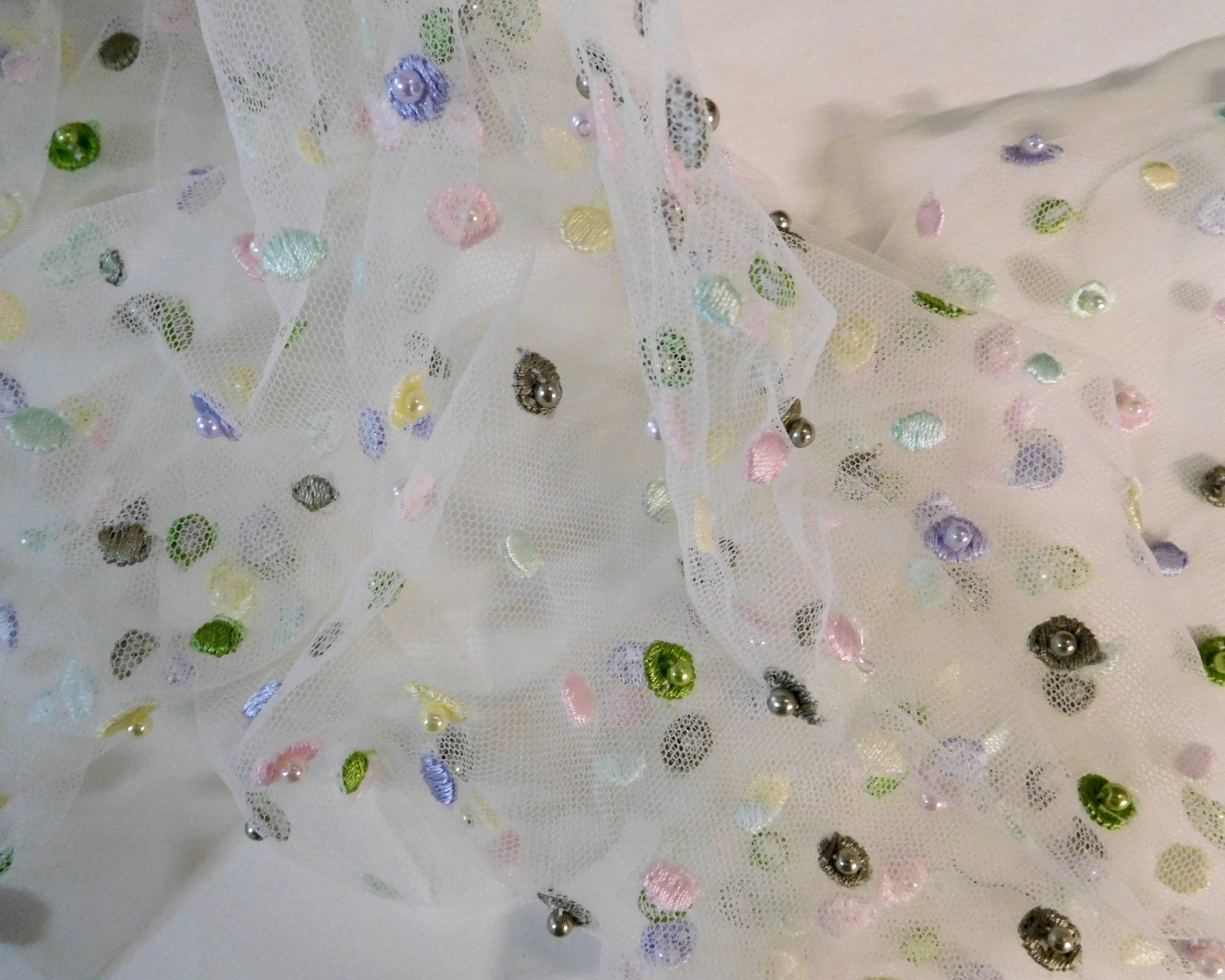 Embroidered Pearl Tulle, Multi-Colored, (140cmx28cm)