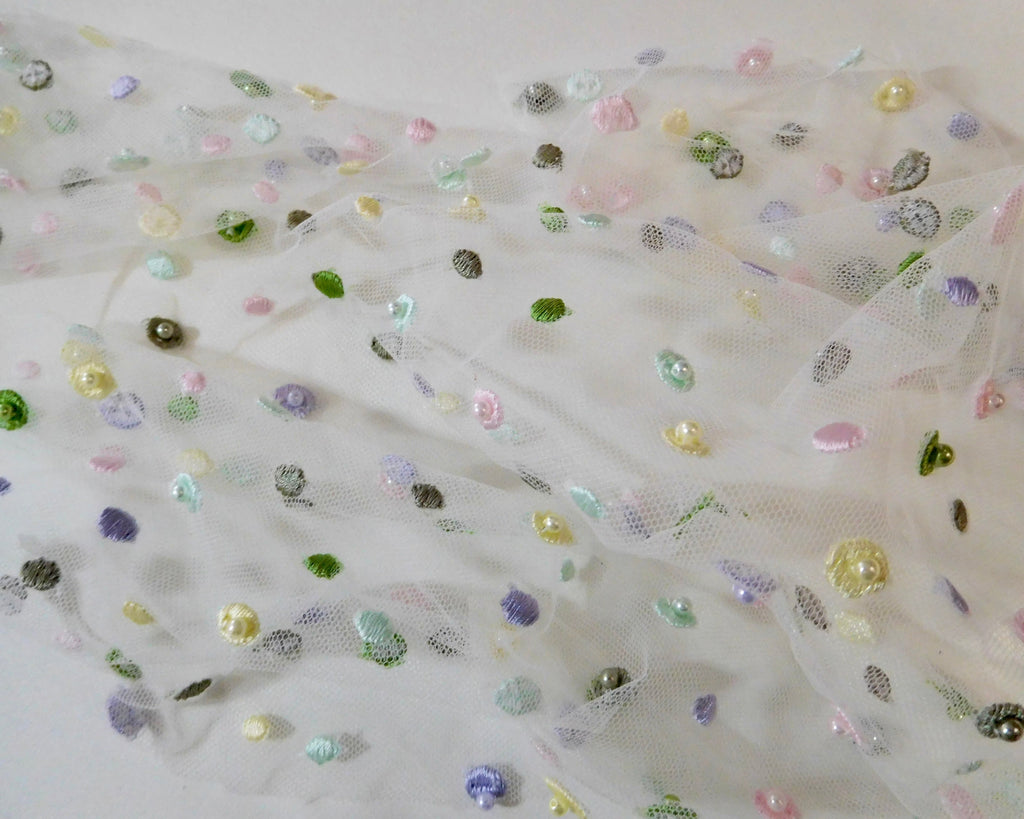 Embroidered Pearl Tulle, Multi-Colored, (140cmx28cm)