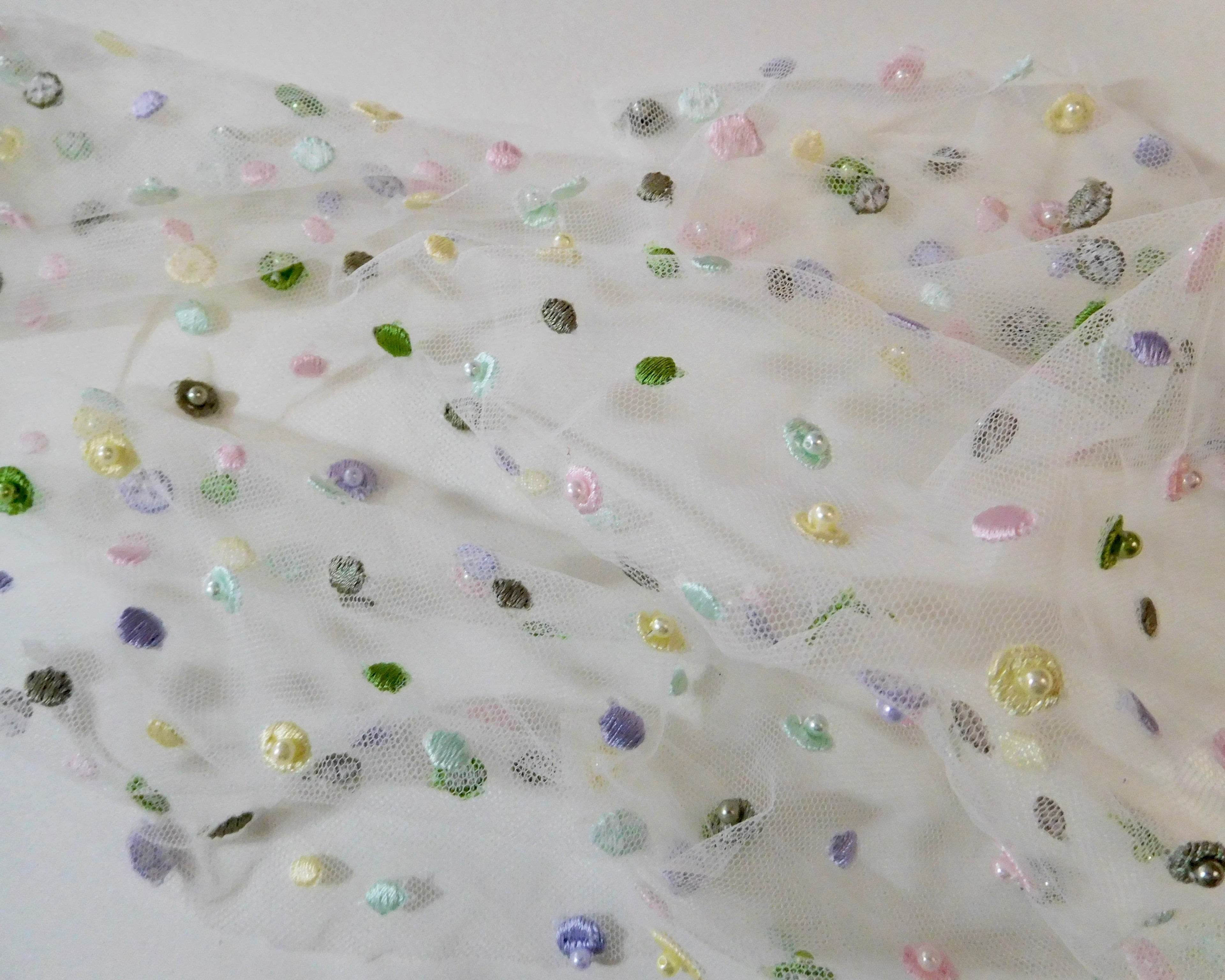Embroidered Pearl Tulle, Multi-Colored, (140cmx28cm)