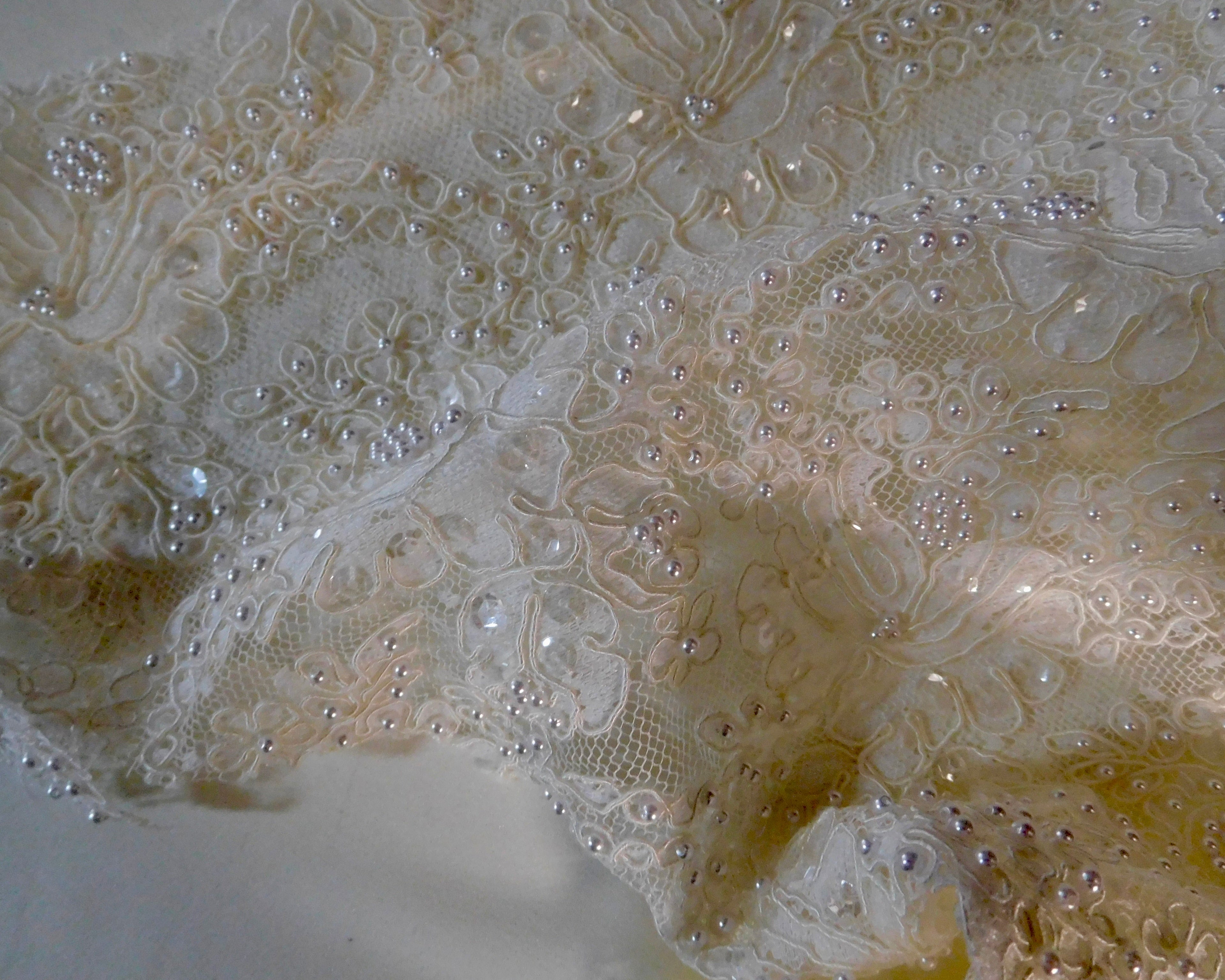 Embroidered Pearled Lace, White, Remnant (47cmx34cm)