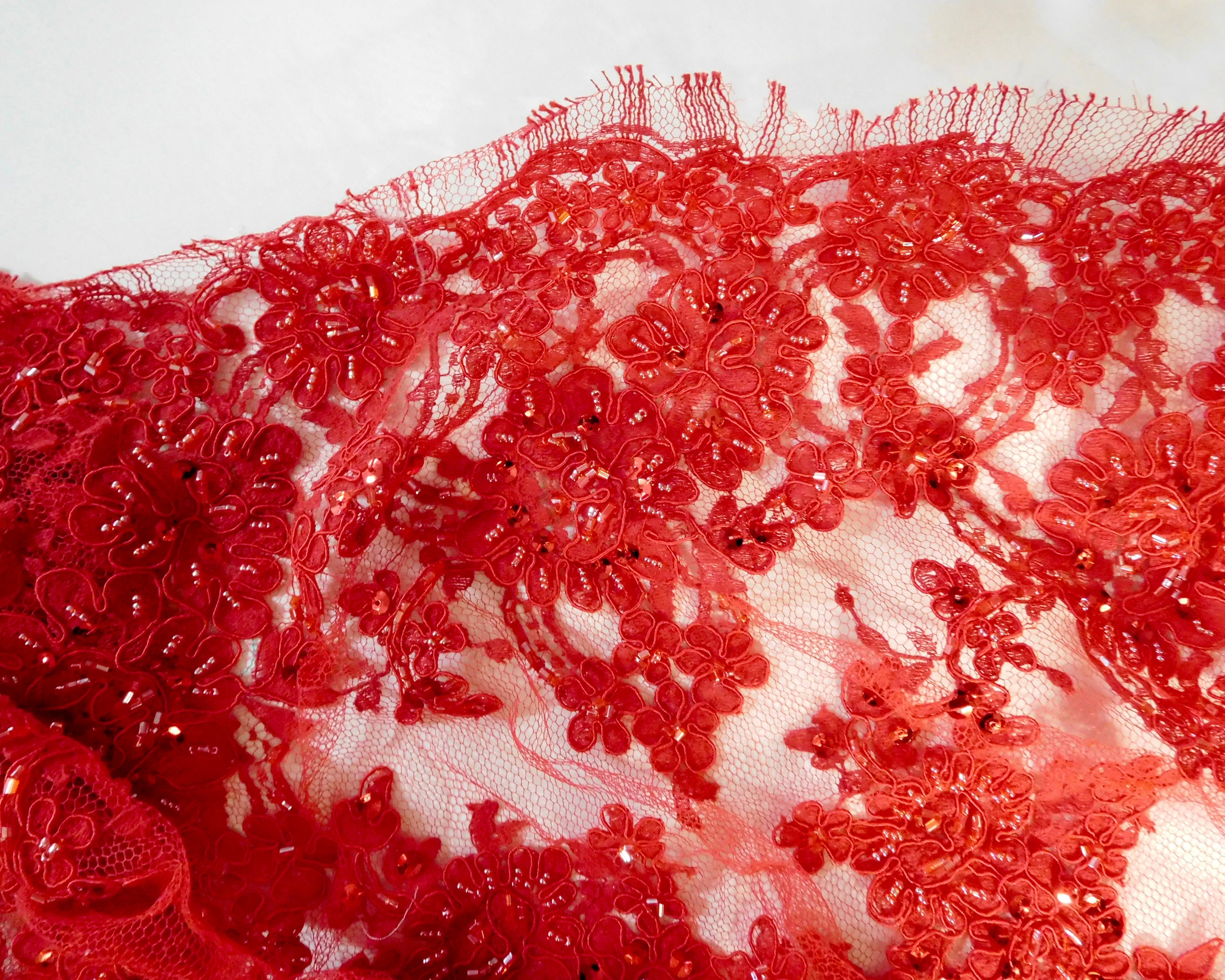 Embroidered Lace with Trim, Red, Remnant (60cmx50cm)