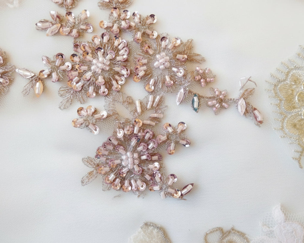 Beaded Lace Appliqué, 15 Pieces, Purple/Pink