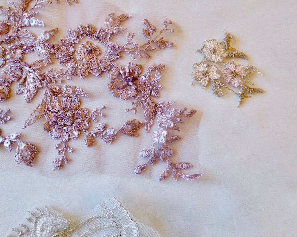 Beaded Lace Appliqué, 15 Pieces, Purple/Pink