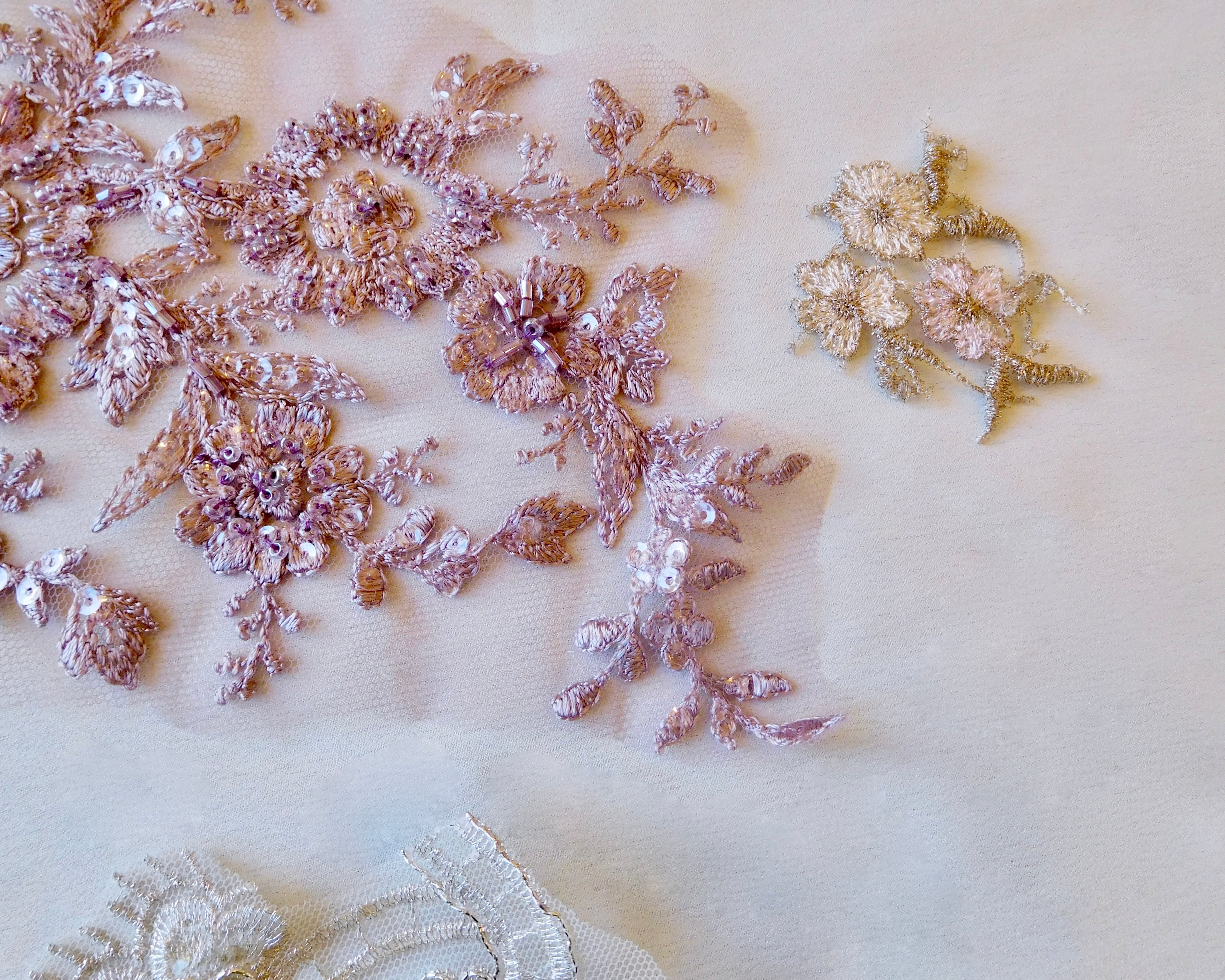 Beaded Lace Appliqué, 15 Pieces, Purple/Pink