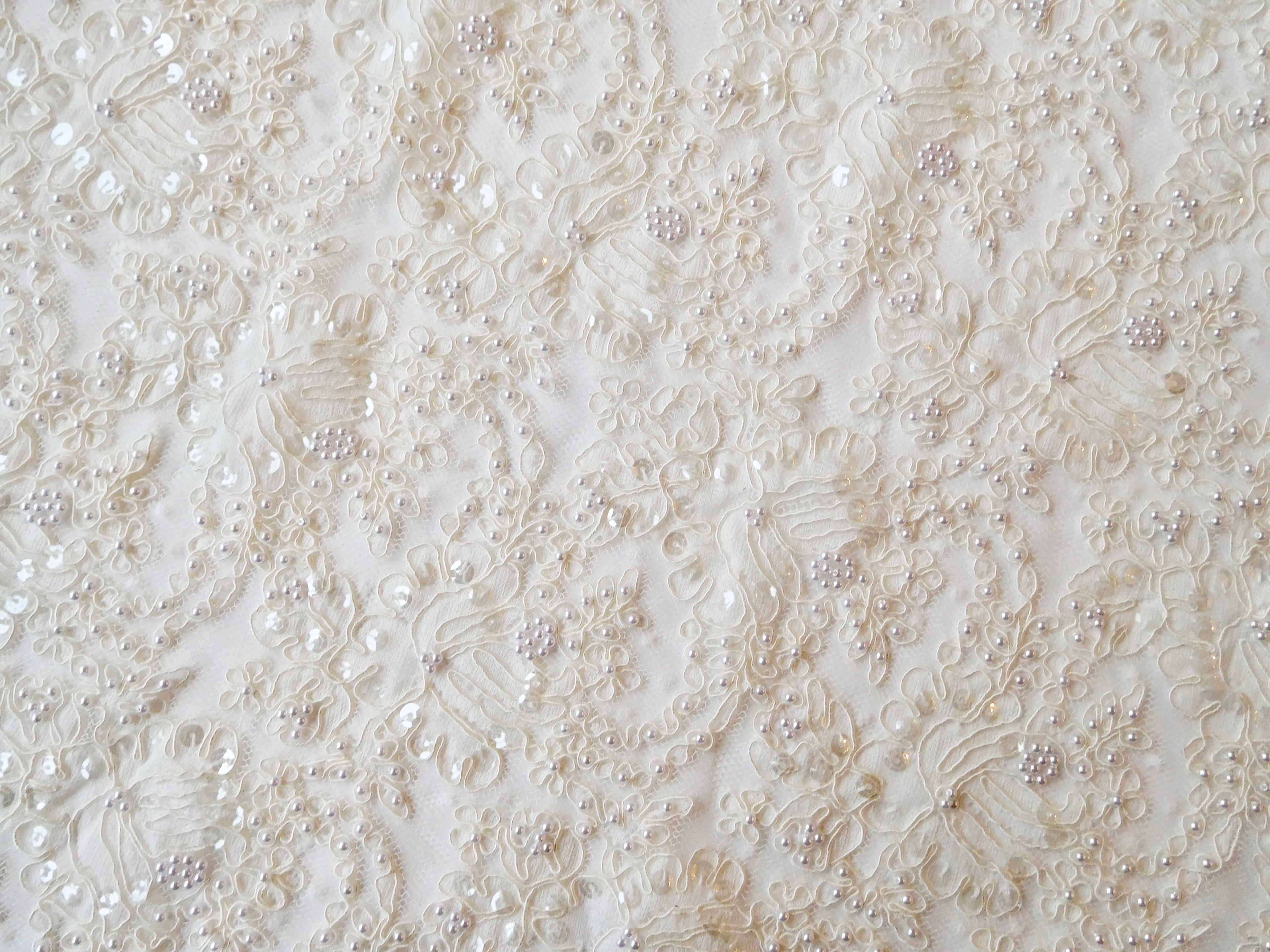 Embroidered Pearled Lace, White, Remnant (47cmx34cm)