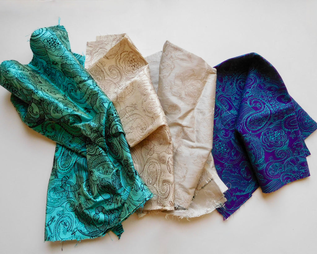Embroidered Silk Dupion, Bundle of 4, Teal/Tan/Purple