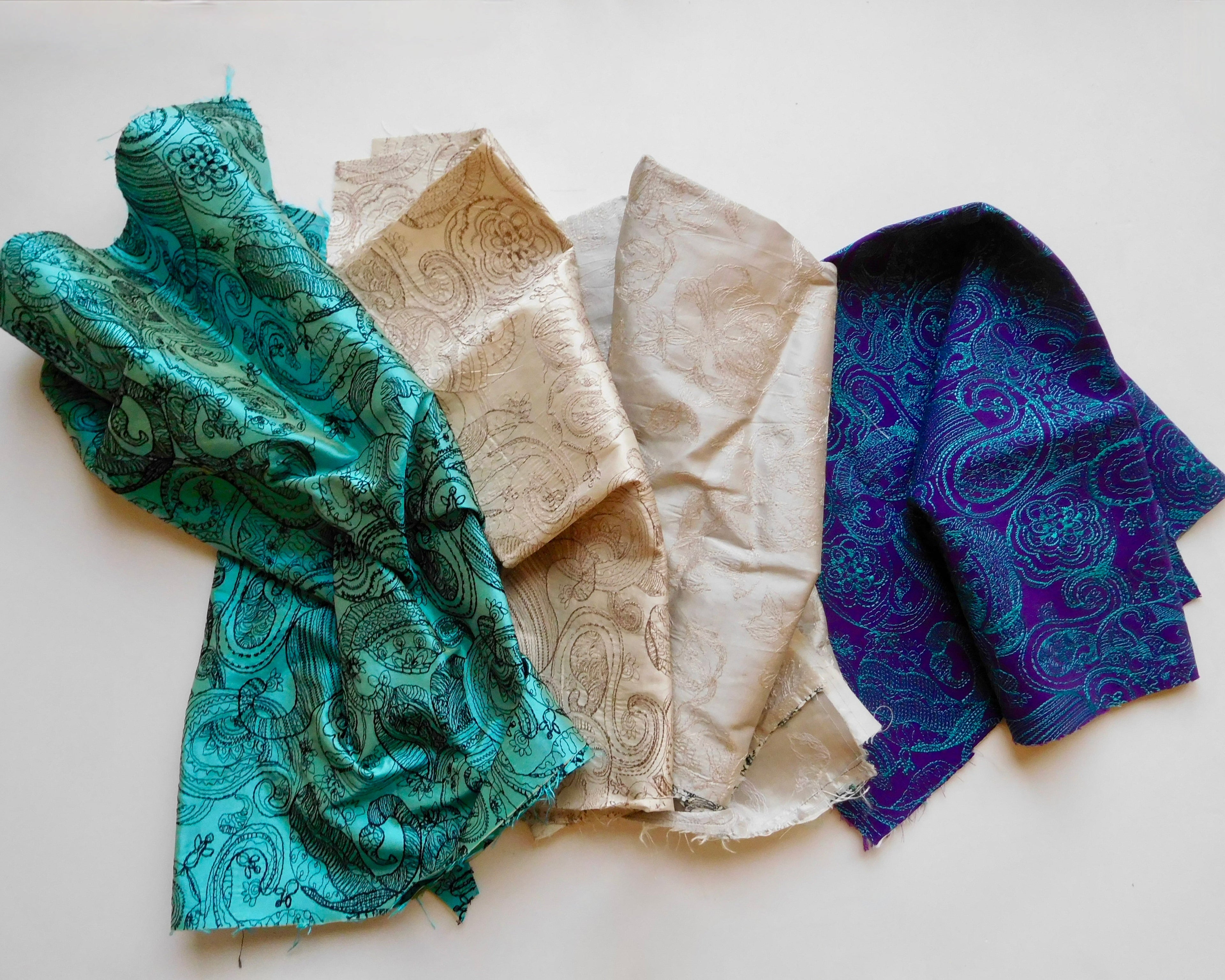 Embroidered Silk Dupion, Bundle of 4, Teal/Tan/Purple