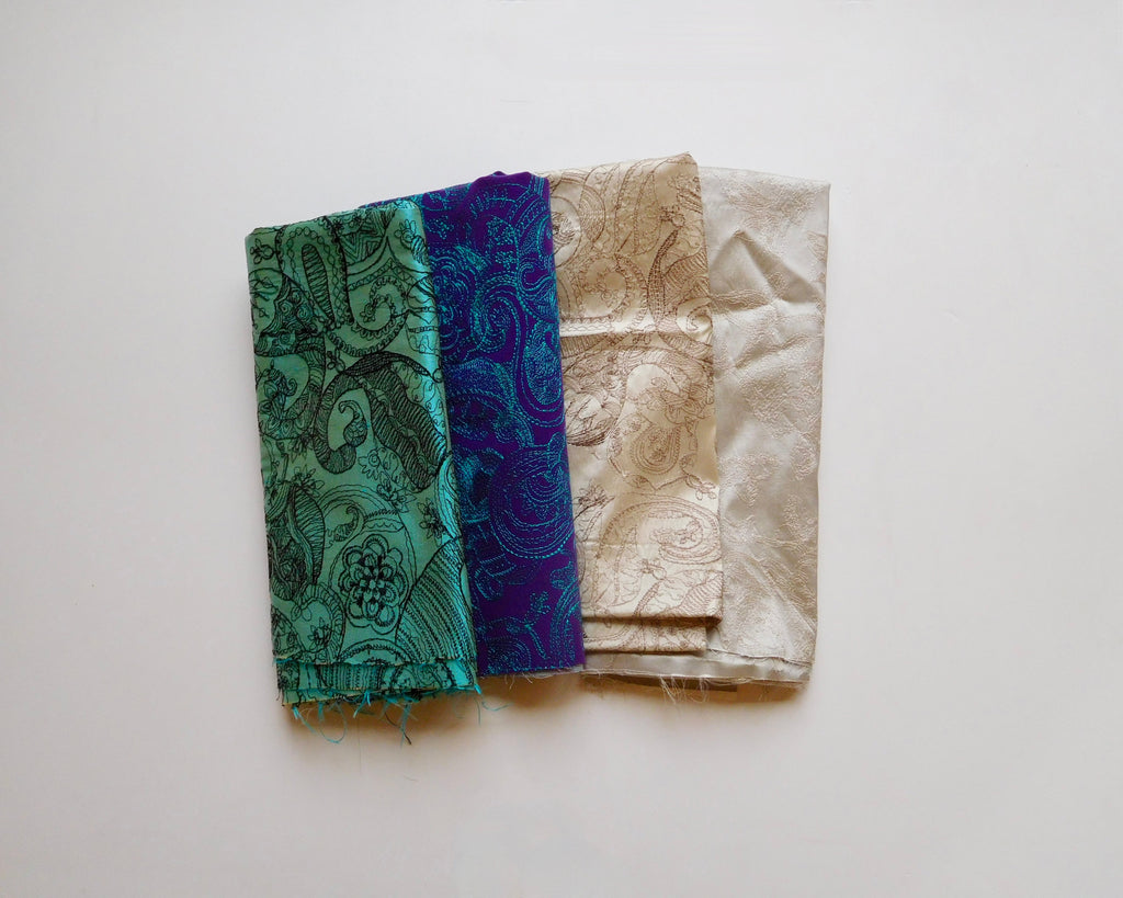 Embroidered Silk Dupion, Bundle of 4, Teal/Tan/Purple