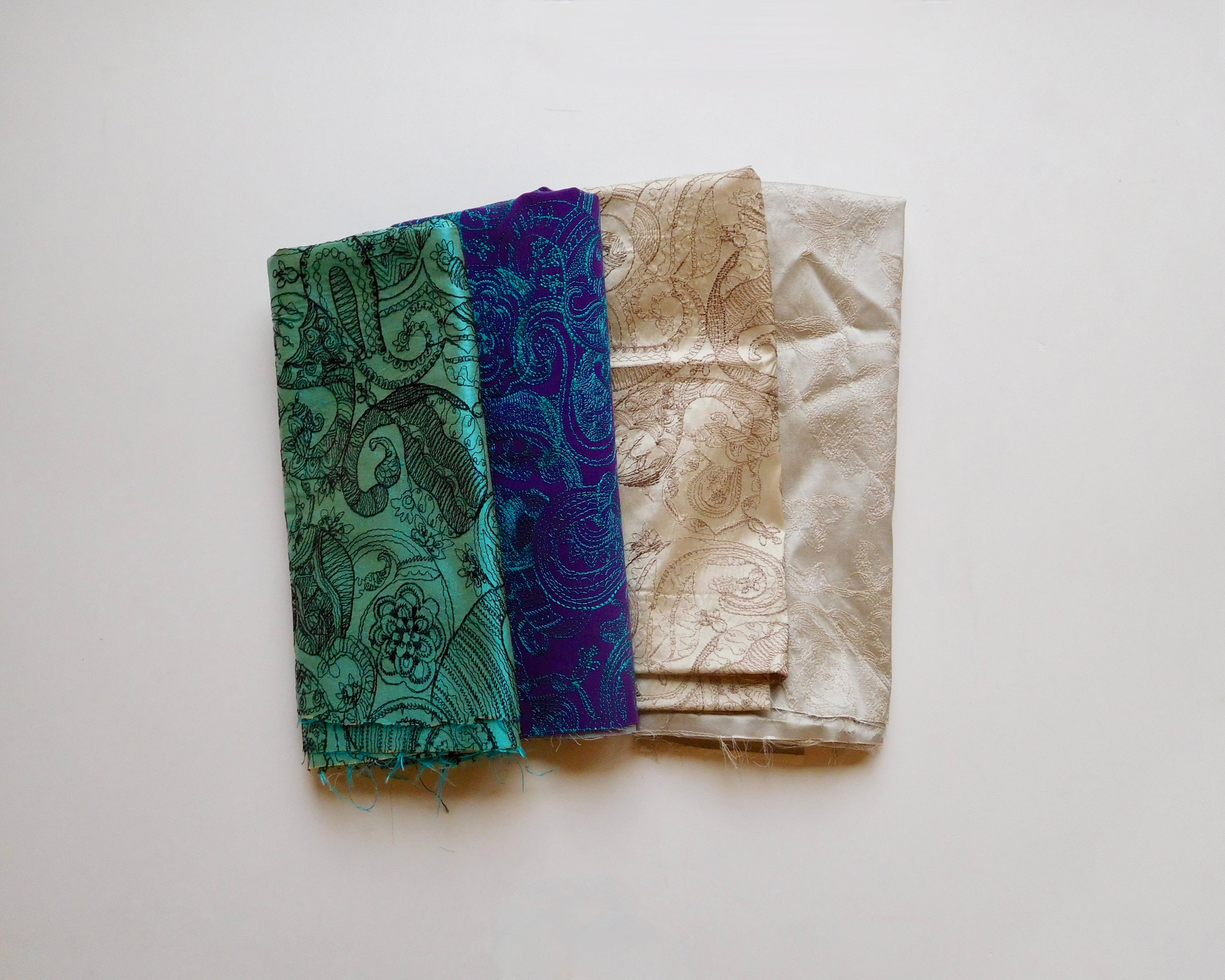 Embroidered Silk Dupion, Bundle of 4, Teal/Tan/Purple