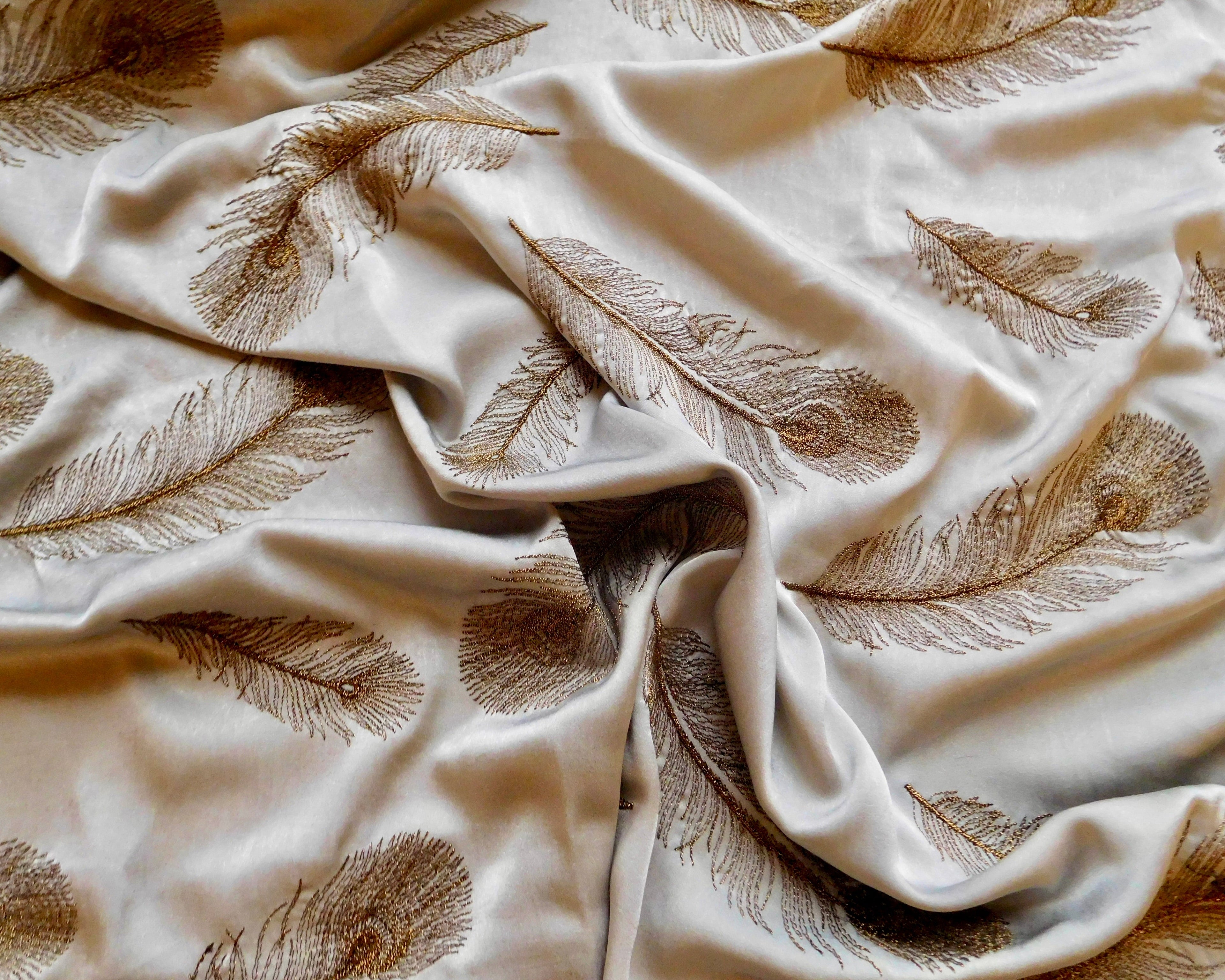 Satin Fabric, Silver with Gold Embroidery, (100cmx110cm)