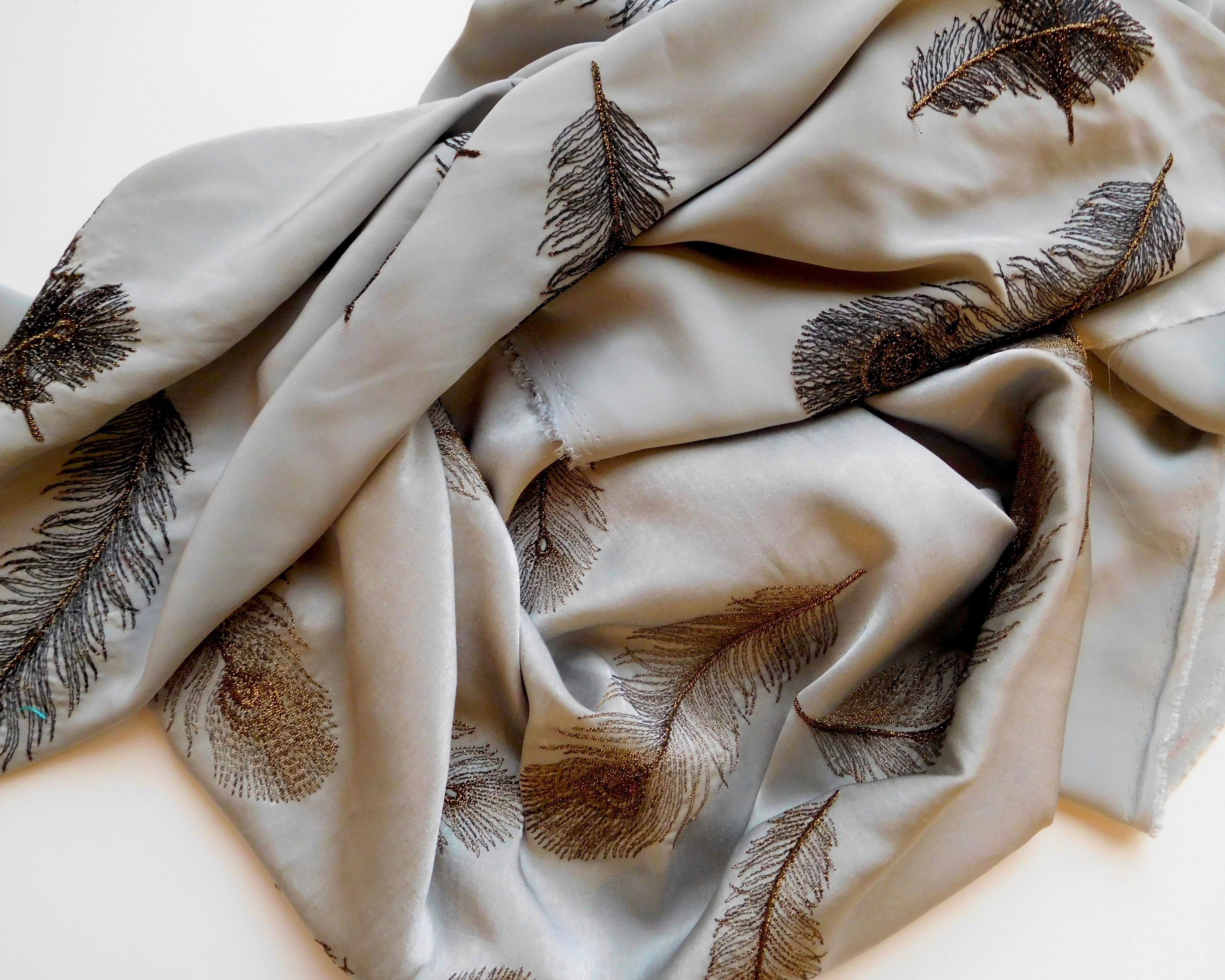Satin Fabric, Silver with Gold Embroidery, (100cmx110cm)